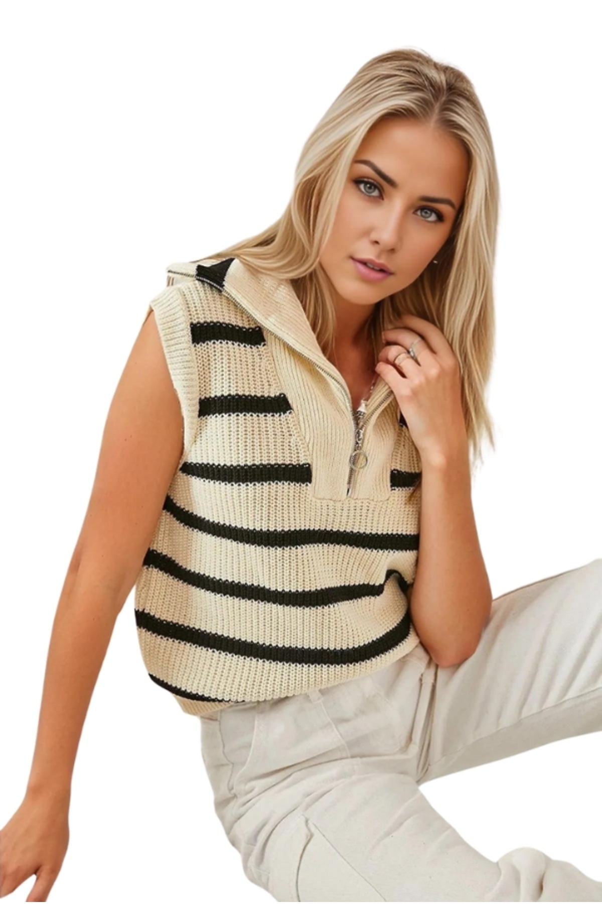 Beatrice Women's Striped Zip-Neck Sweater Vest - Ecru