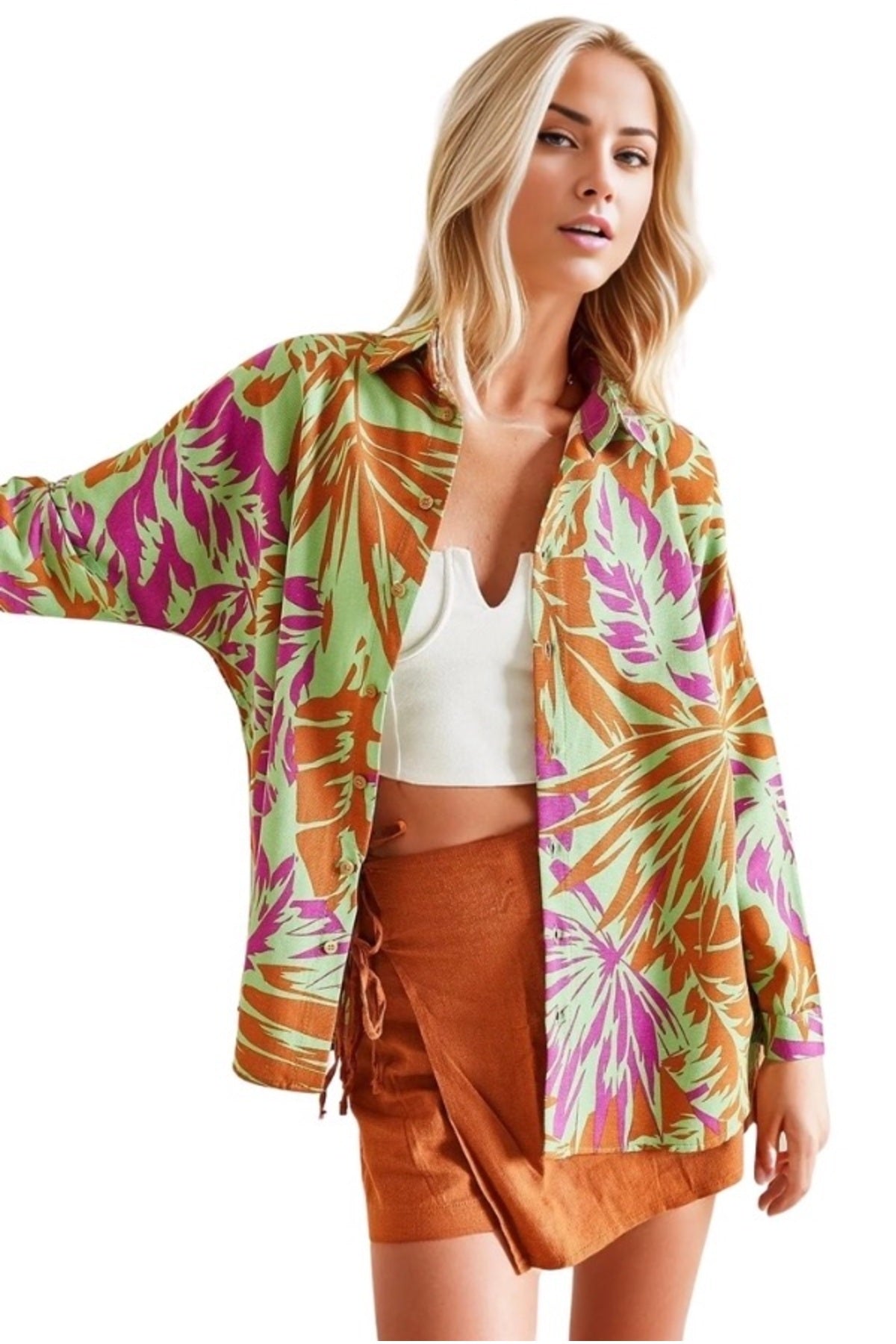 Emilia Women's Linen-Viscose Blend Oversized Printed Shirt - Green and Fuchsia Print
