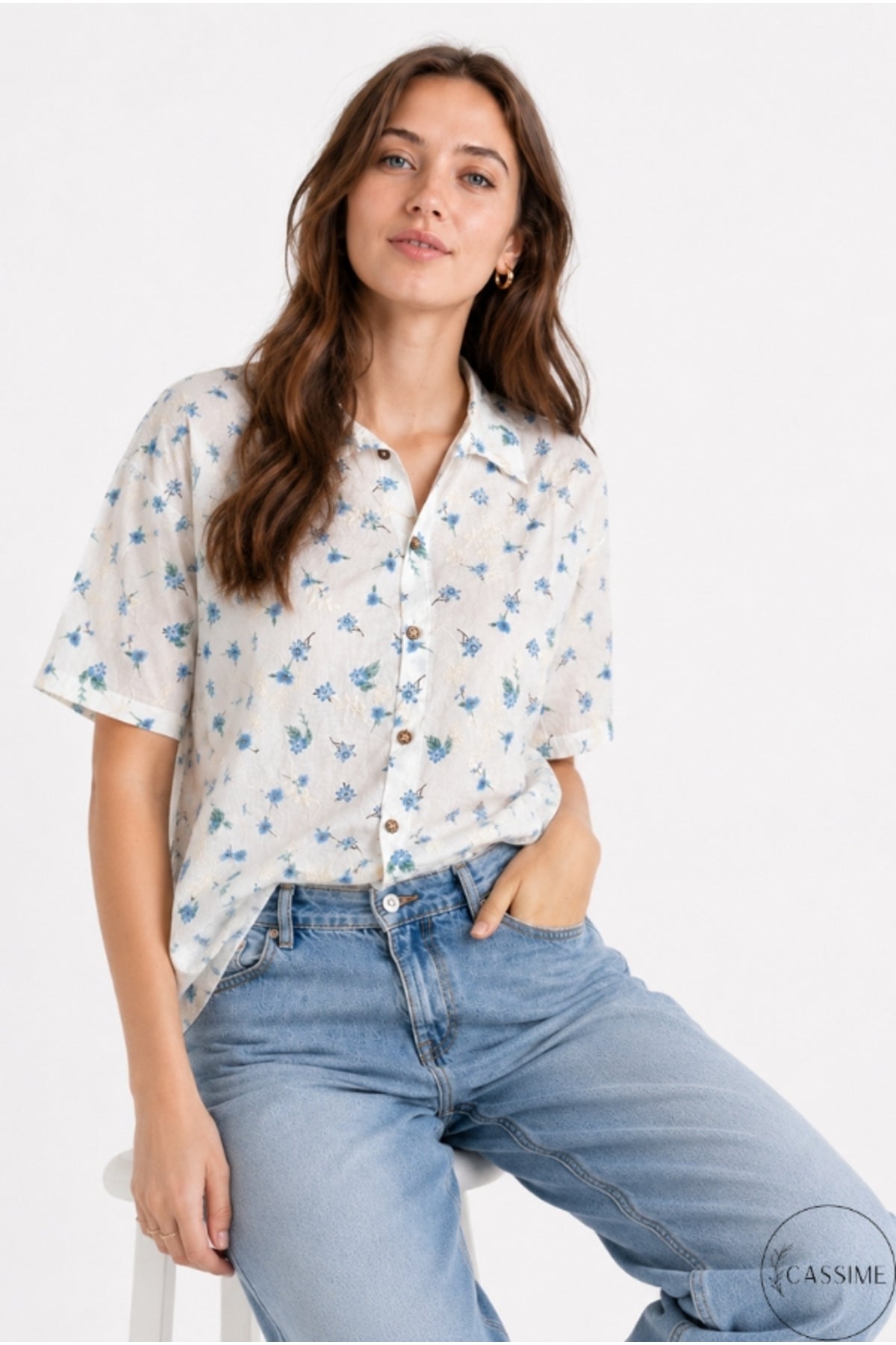 Women's Blue Mini Floral Cotton Short Sleeve Shirt - product photo 3