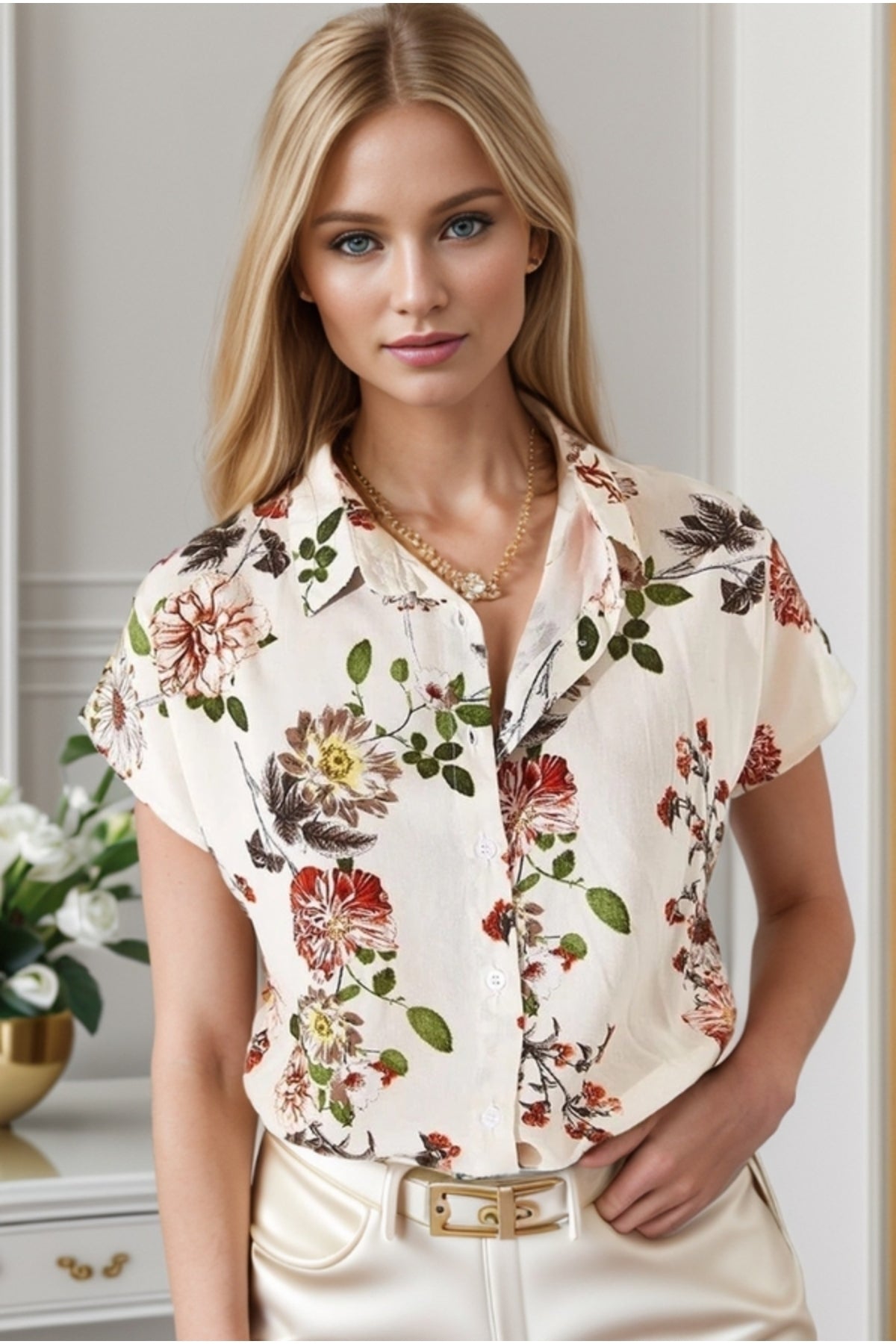 Charlotte Women's Short Sleeve Batwing Shirt - Off-White Floral Print