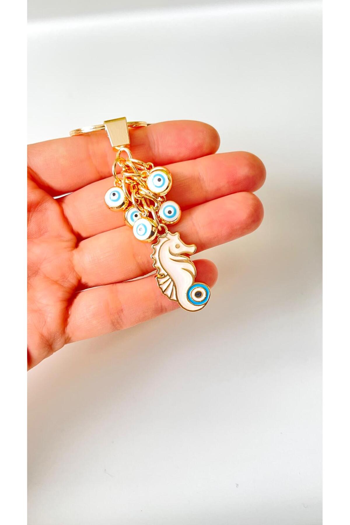 Madeleine Dangling Evil Eye Keychain - White Seahorse