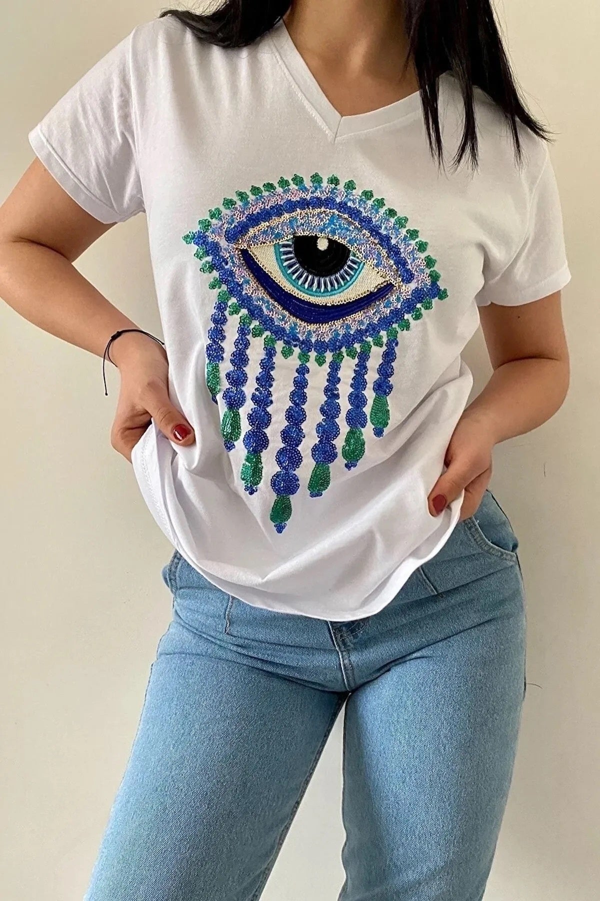 Olivia Women's Cotton Plus Size Embellished V-Neck T-Shirt - White with Blue Evil Eye Sequins