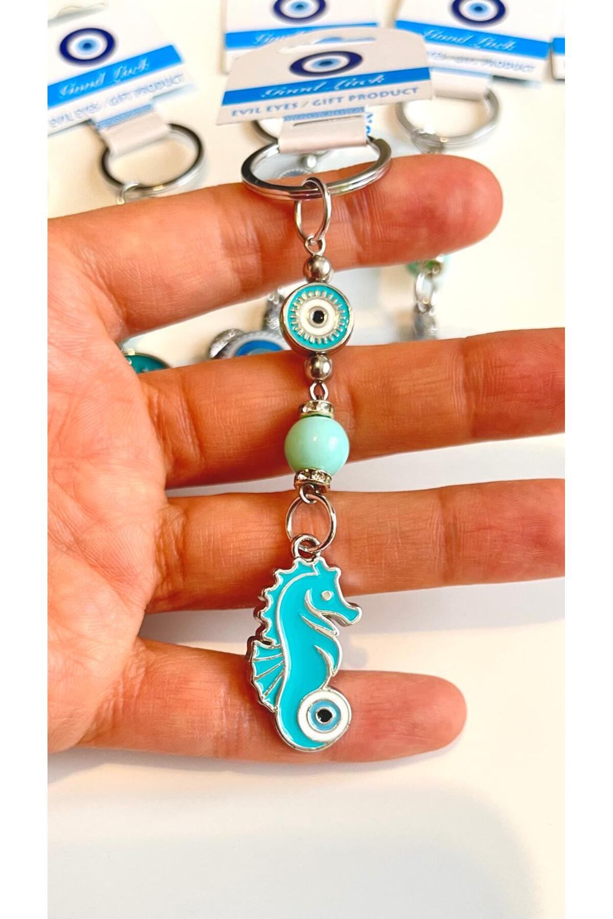 Abigail Silver-Plated Evil Eye Keychain - Turquoise Seahorse Design