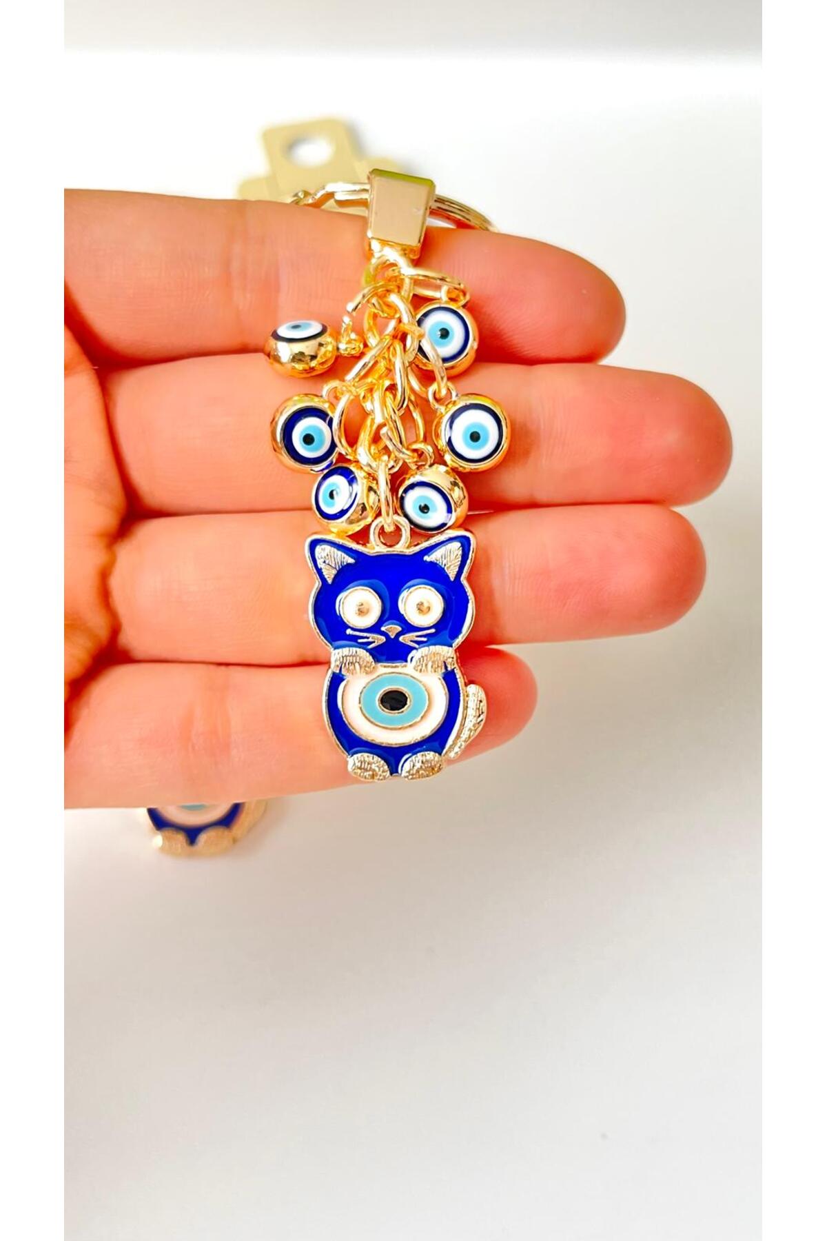 Madeleine Dangling Evil Eye Keychain - Navy Cat Design