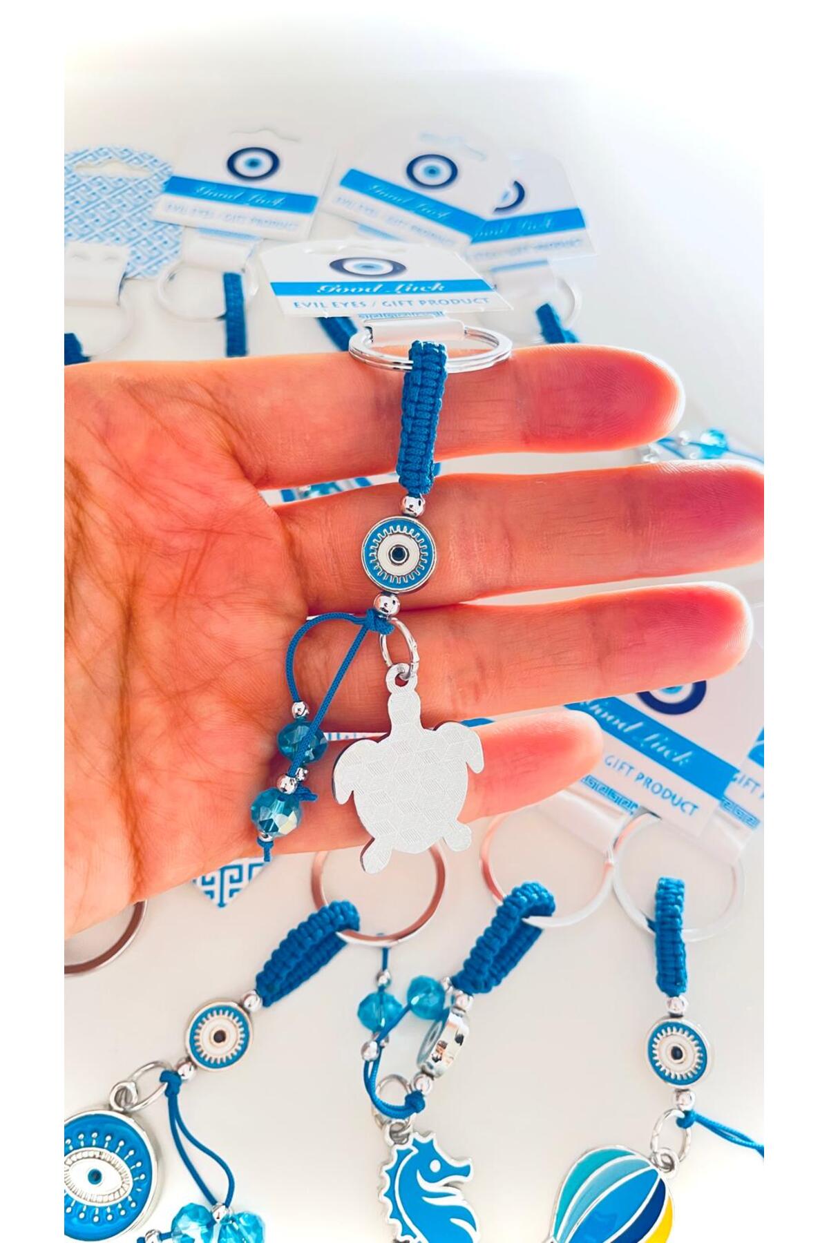 Abigail Silver-Plated Evil Eye Keychain - Blue