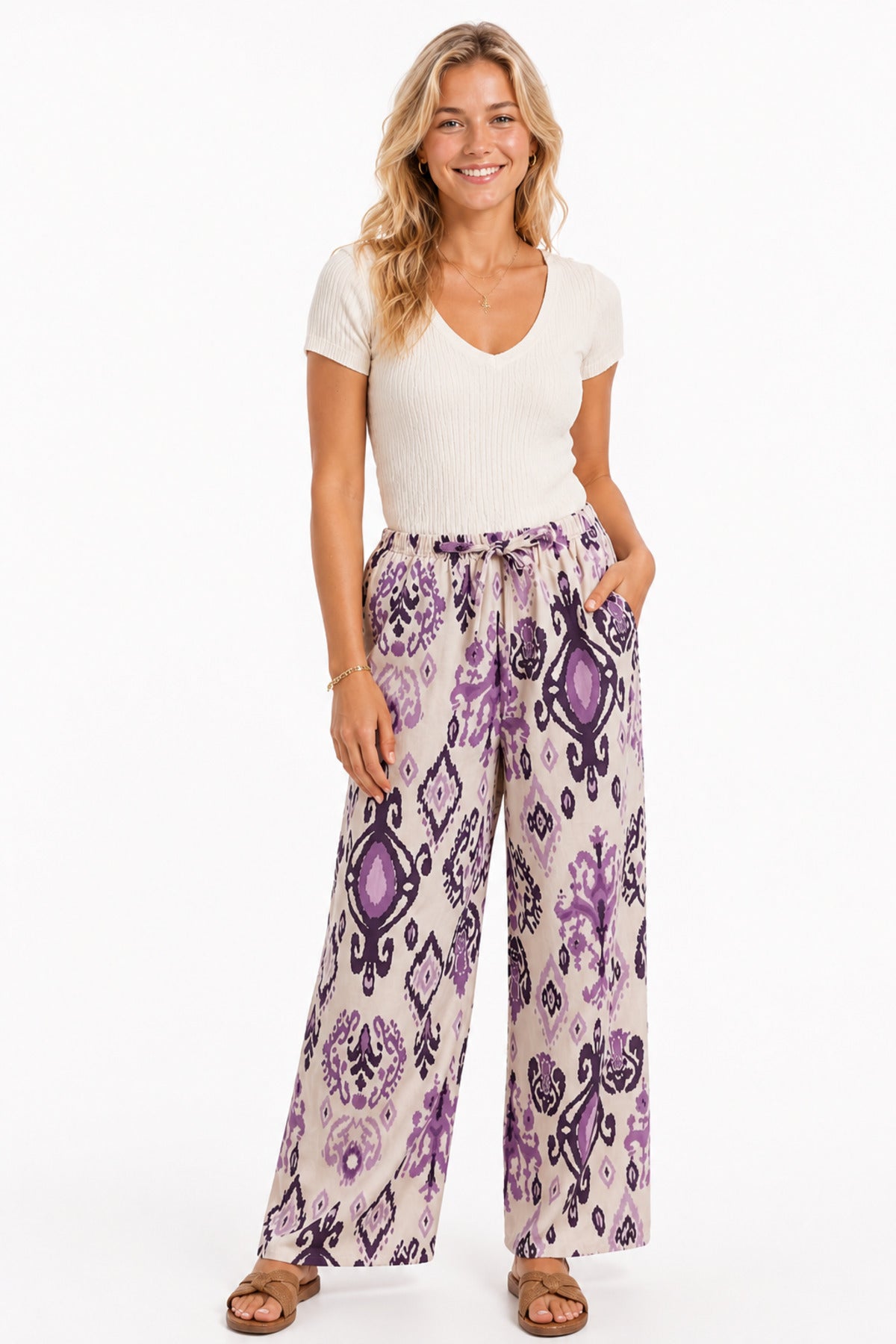 Lucy Women's Linen-Viscose Blend Wide Leg Palazzo Pants - Boho Purple Print