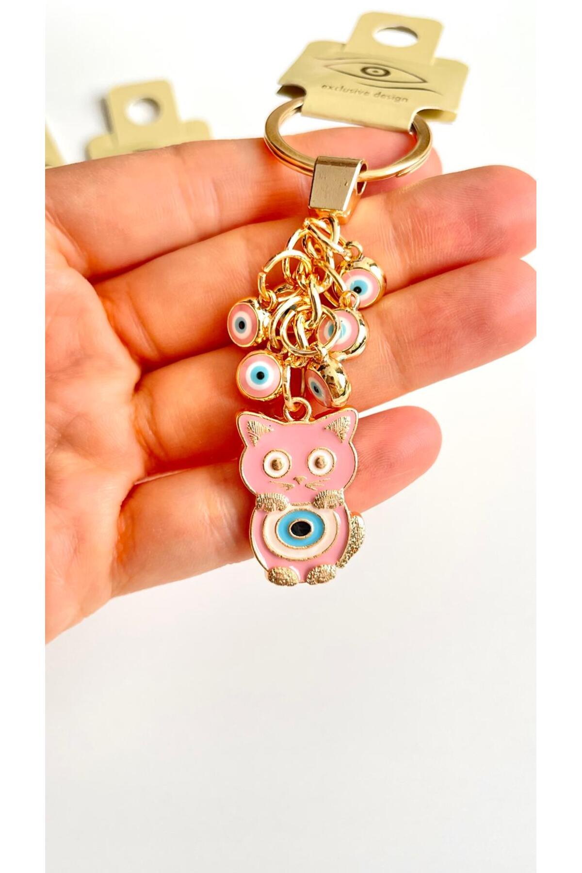 Madeleine Dangling Evil Eye Keychain - Pink Cat Evil Eye