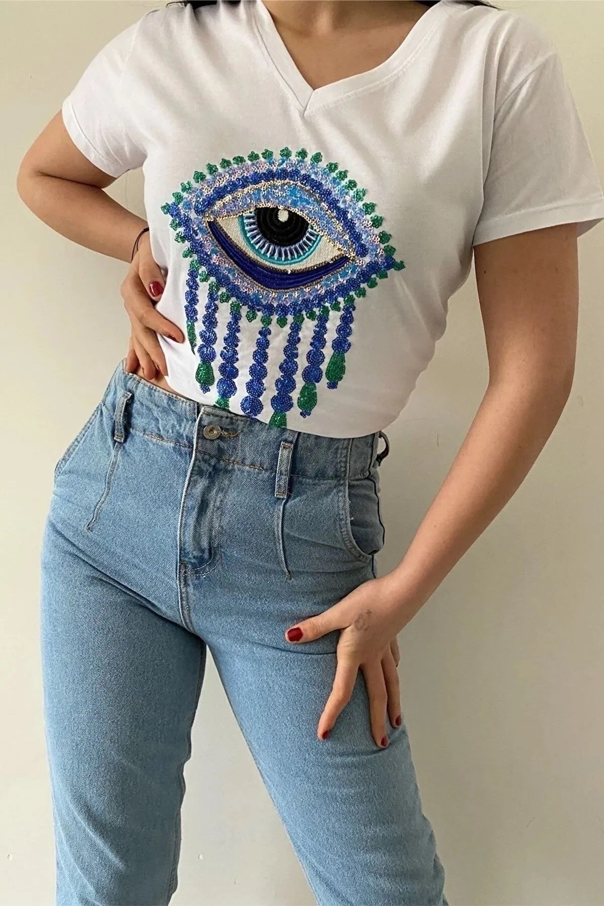Olivia Women's Cotton Plus Size Embellished V-Neck T-Shirt - White with Blue Evil Eye Sequins