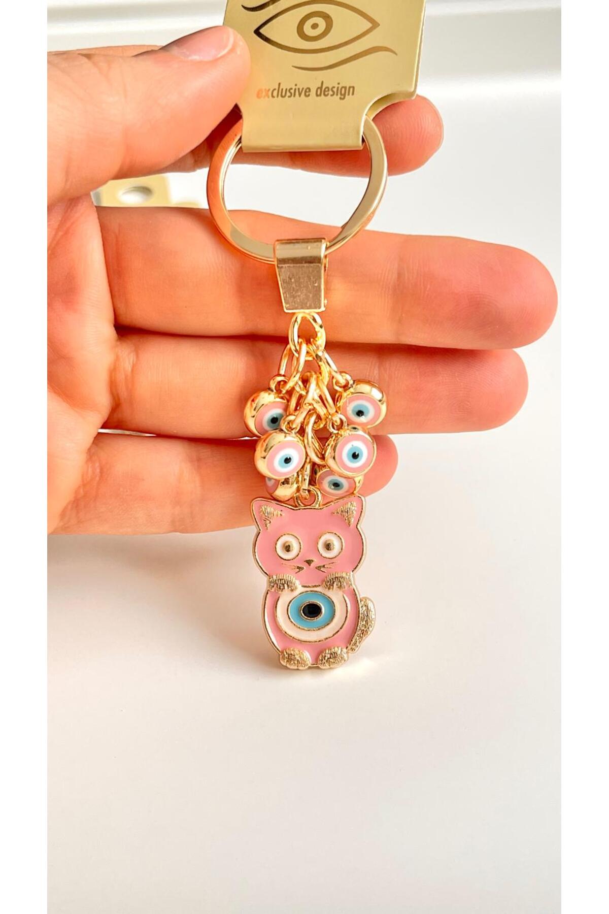 Madeleine Dangling Evil Eye Keychain - Pink Cat Evil Eye