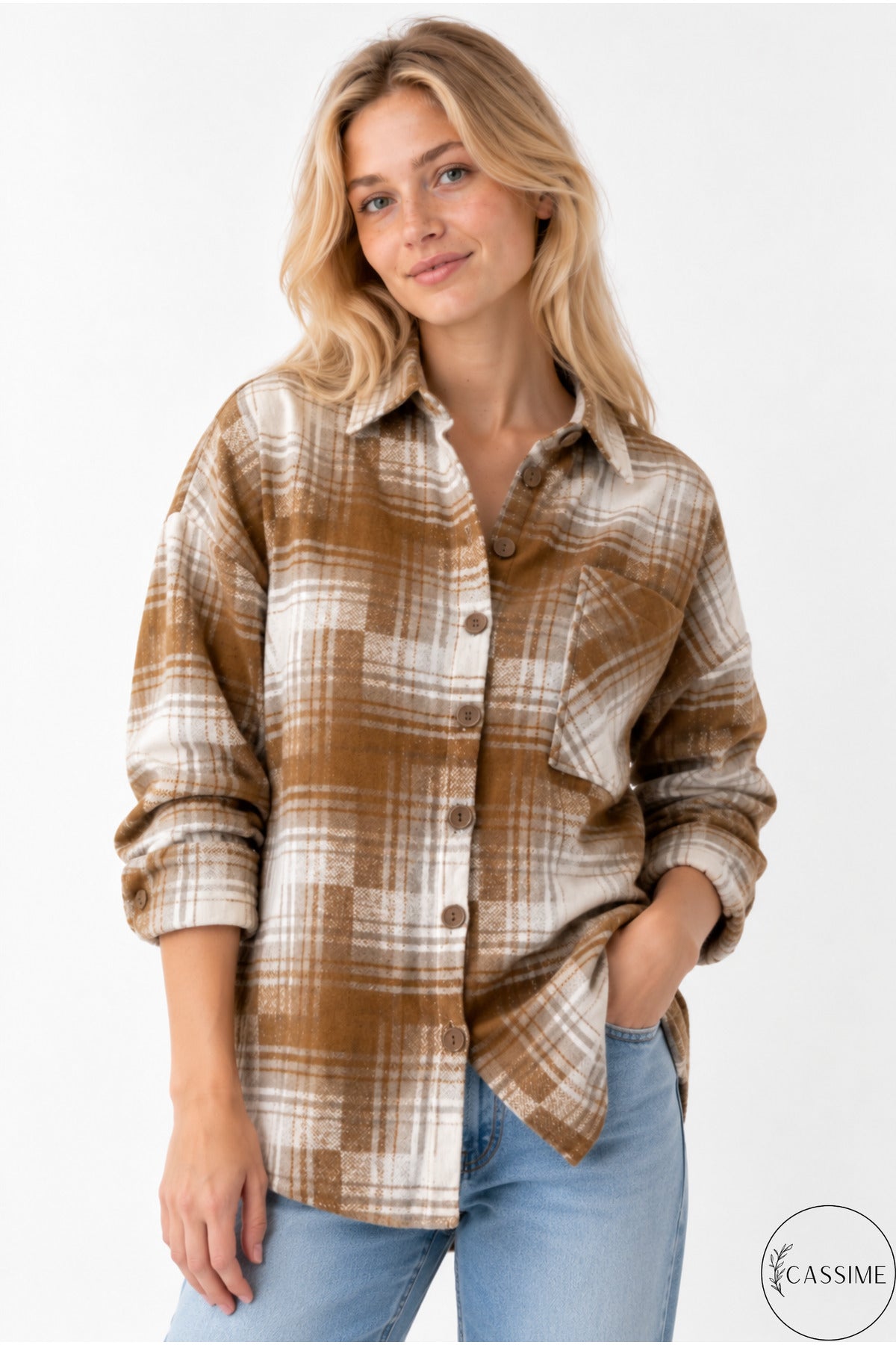 Eleanor Women's Plaid Shacket - Beige and Ecru Plaid