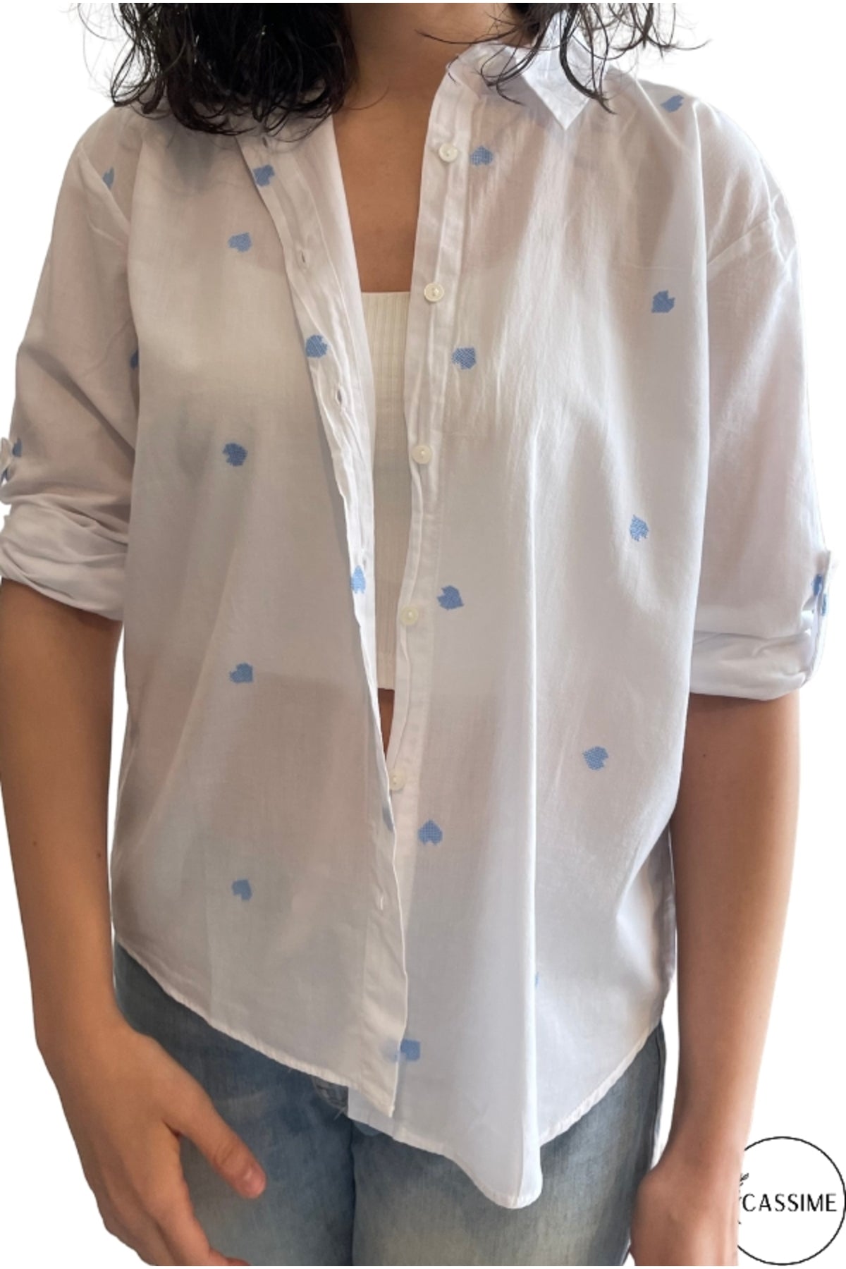 Ella Women's Cotton Embroidered Button-Up Shirt - White with Blue Hearts