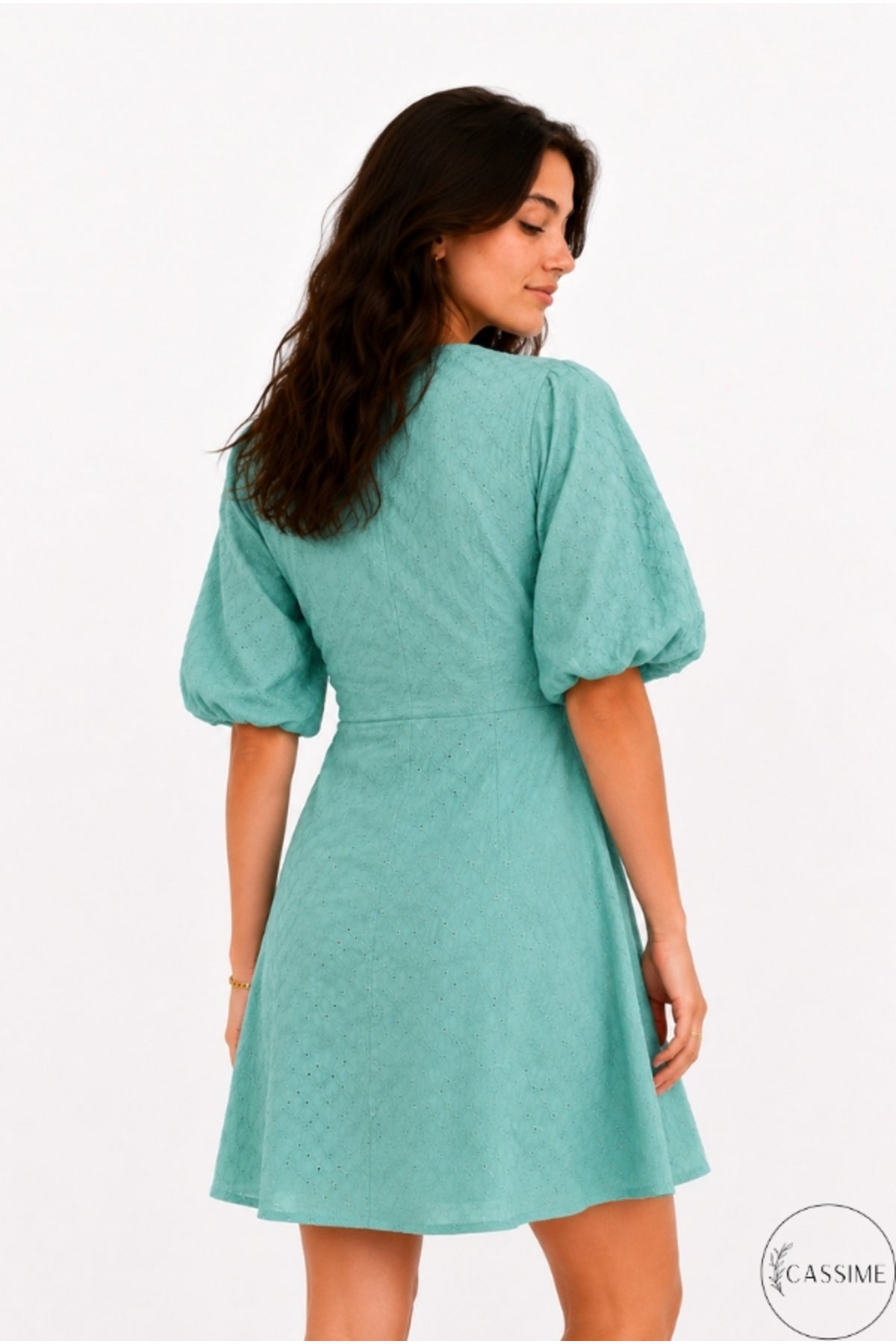 Clara Women's Cotton Blend Broderie Anglaise V-Neck Mini Dress - Almond Green