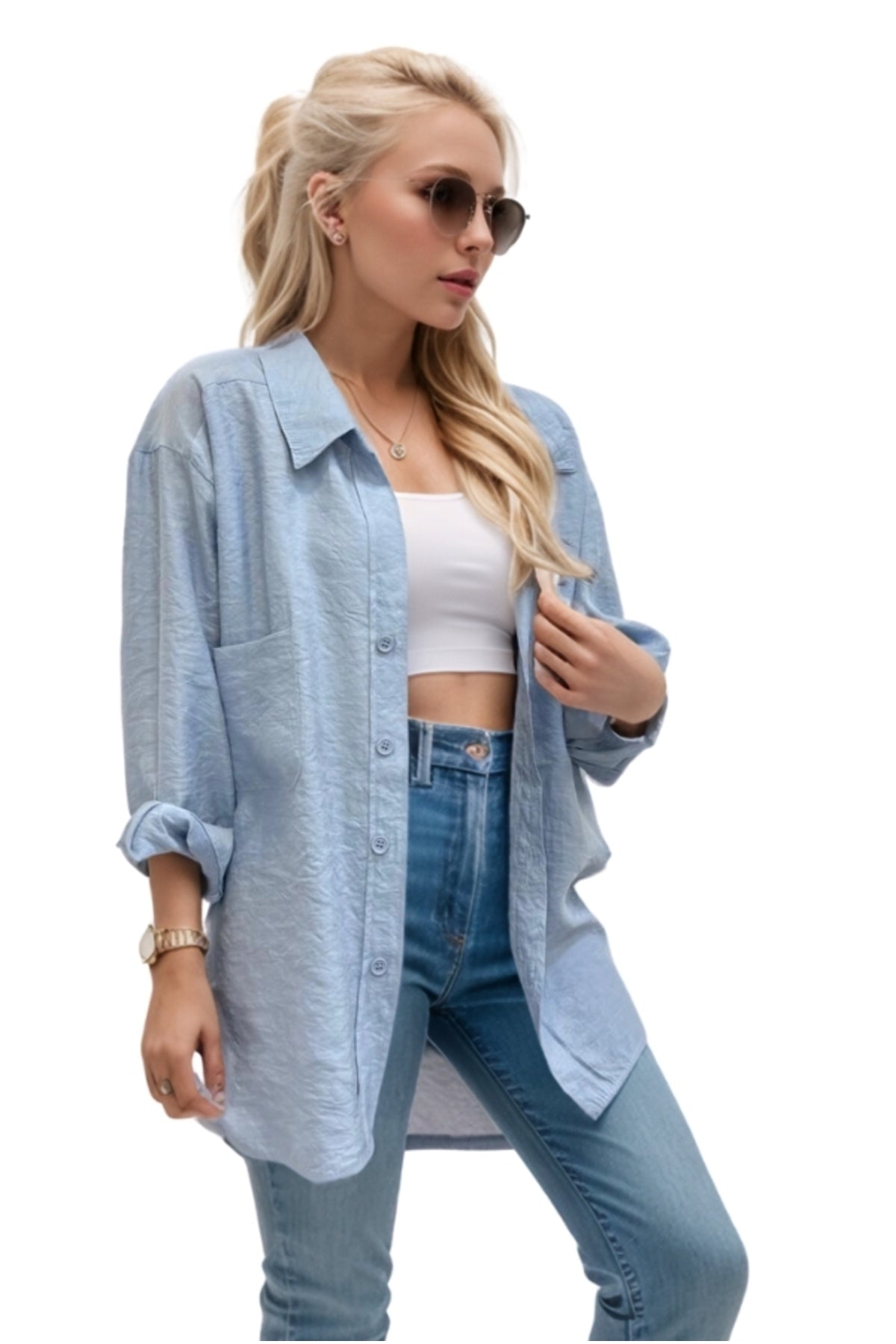 Georgia Women's Oversized Long Sleeve Shirt - Sky Blue