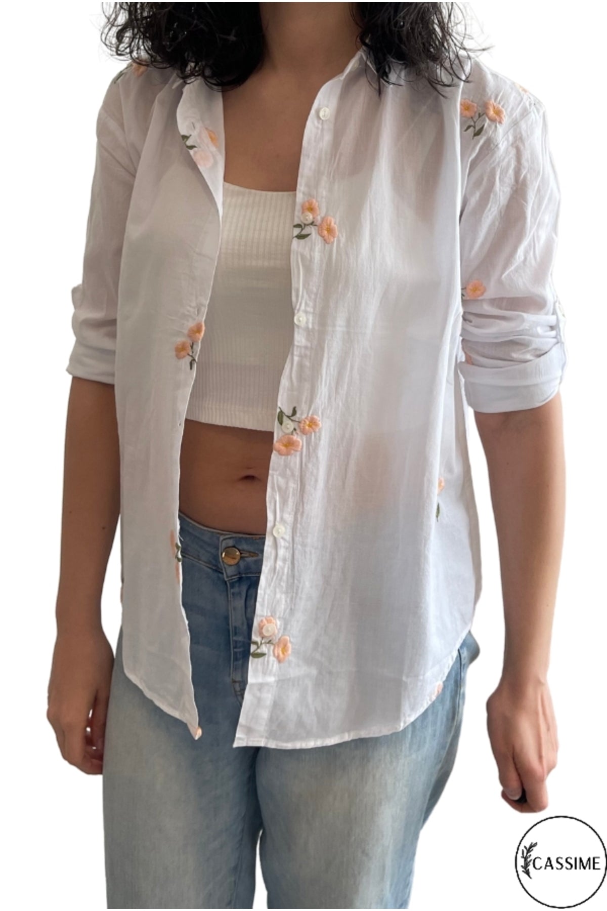 Ella Women's Cotton Embroidered Button-Up Shirt - White with Peach Flowers