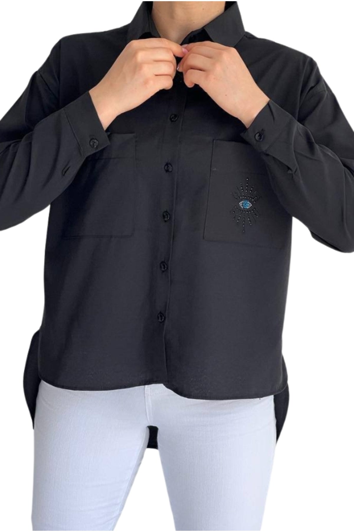 Josephine Women's Cotton Embellished Evil Eye Pocket Shirt - Black
