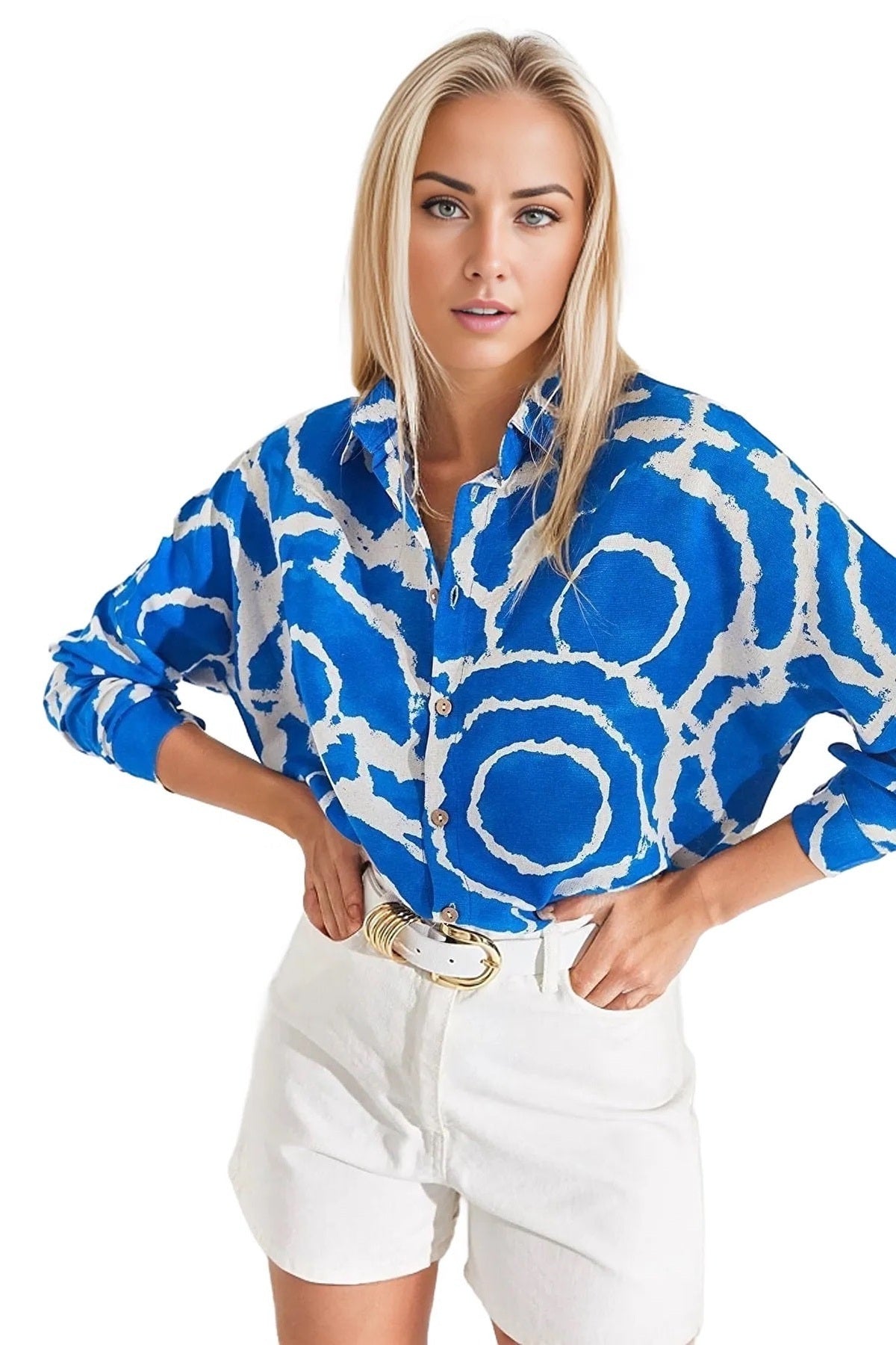 Emilia Women's Linen-Viscose Blend Oversized Printed Shirt - Blue Ring Pattern