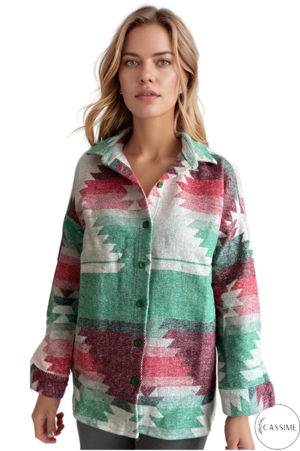 Ellen Women's Boho Print Button-Up Shacket - Green and Red Boho Print