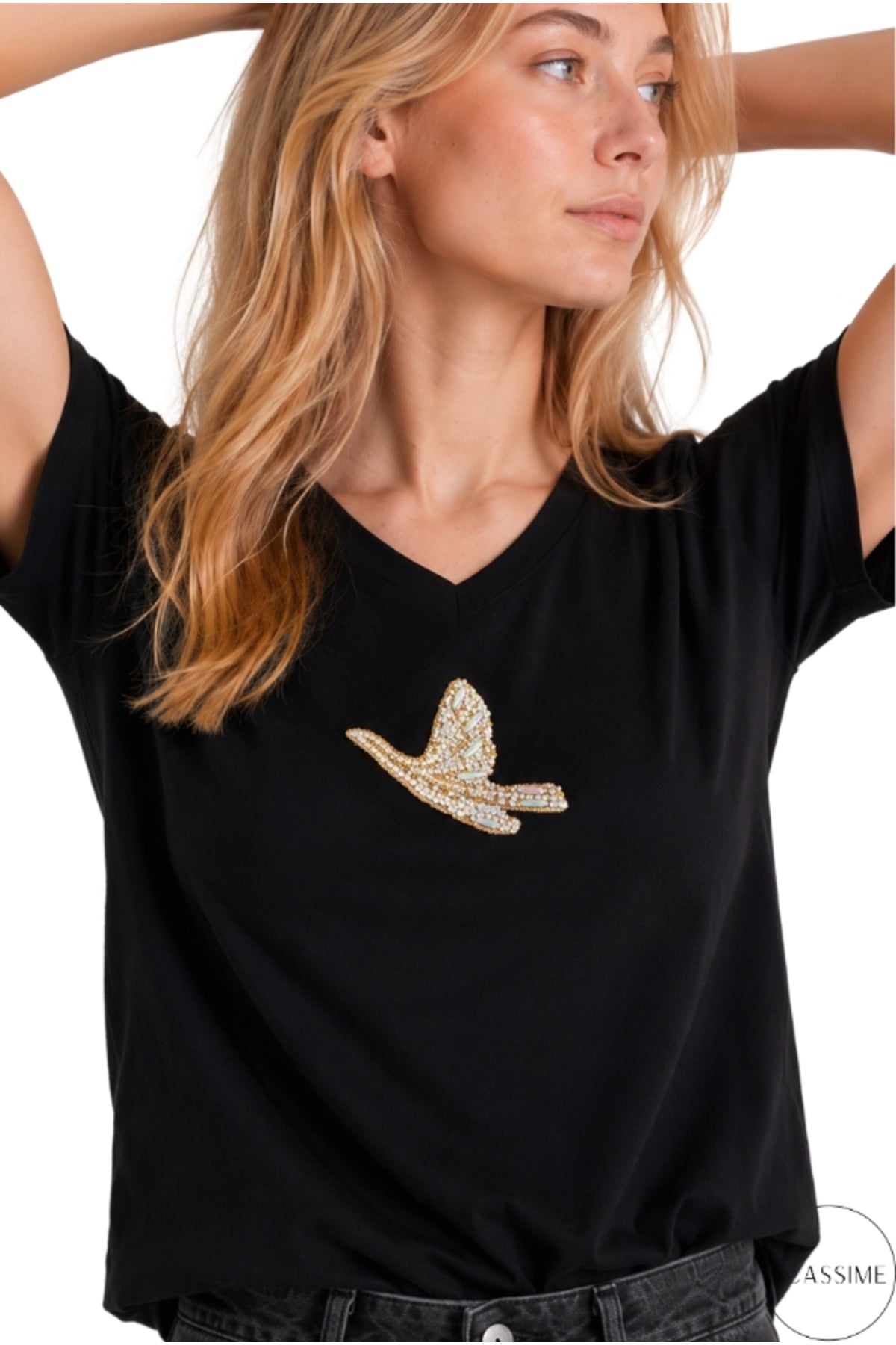 Emma Women's Embellished T-Shirt - Gold Bird and Rhinestone Detail