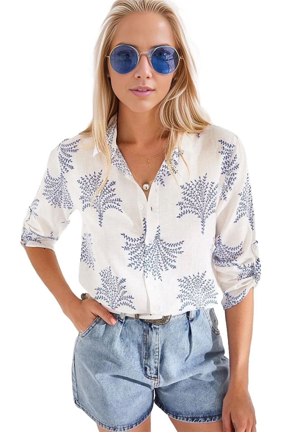 Robyn Women's Cotton Blend Roll-Sleeve Button-Up Shirt - Blue Fan