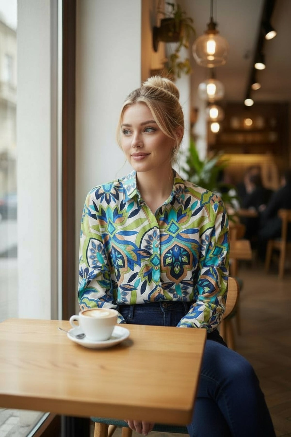 Emilia Women's Linen-Viscose Blend Oversized Printed Shirt - Blue and Cream Green