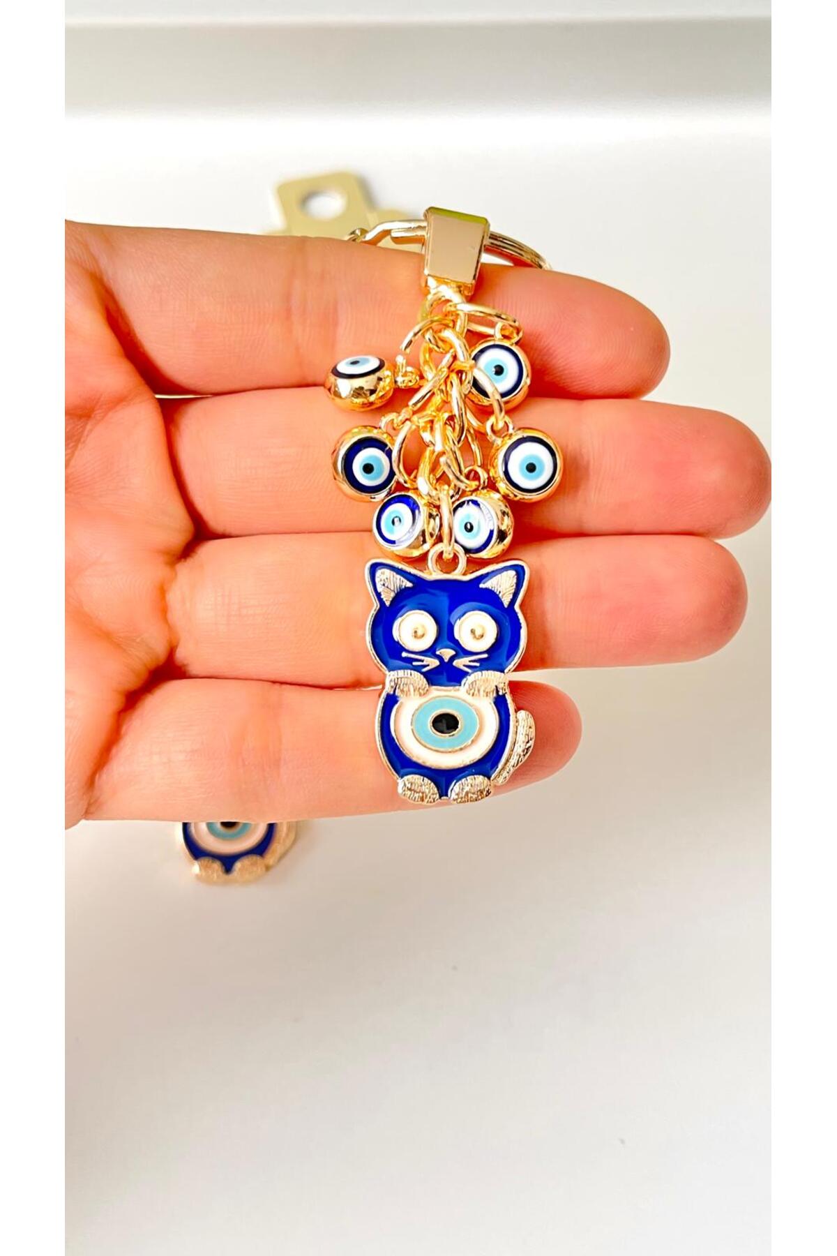 Madeleine Dangling Evil Eye Keychain - Navy Cat Design