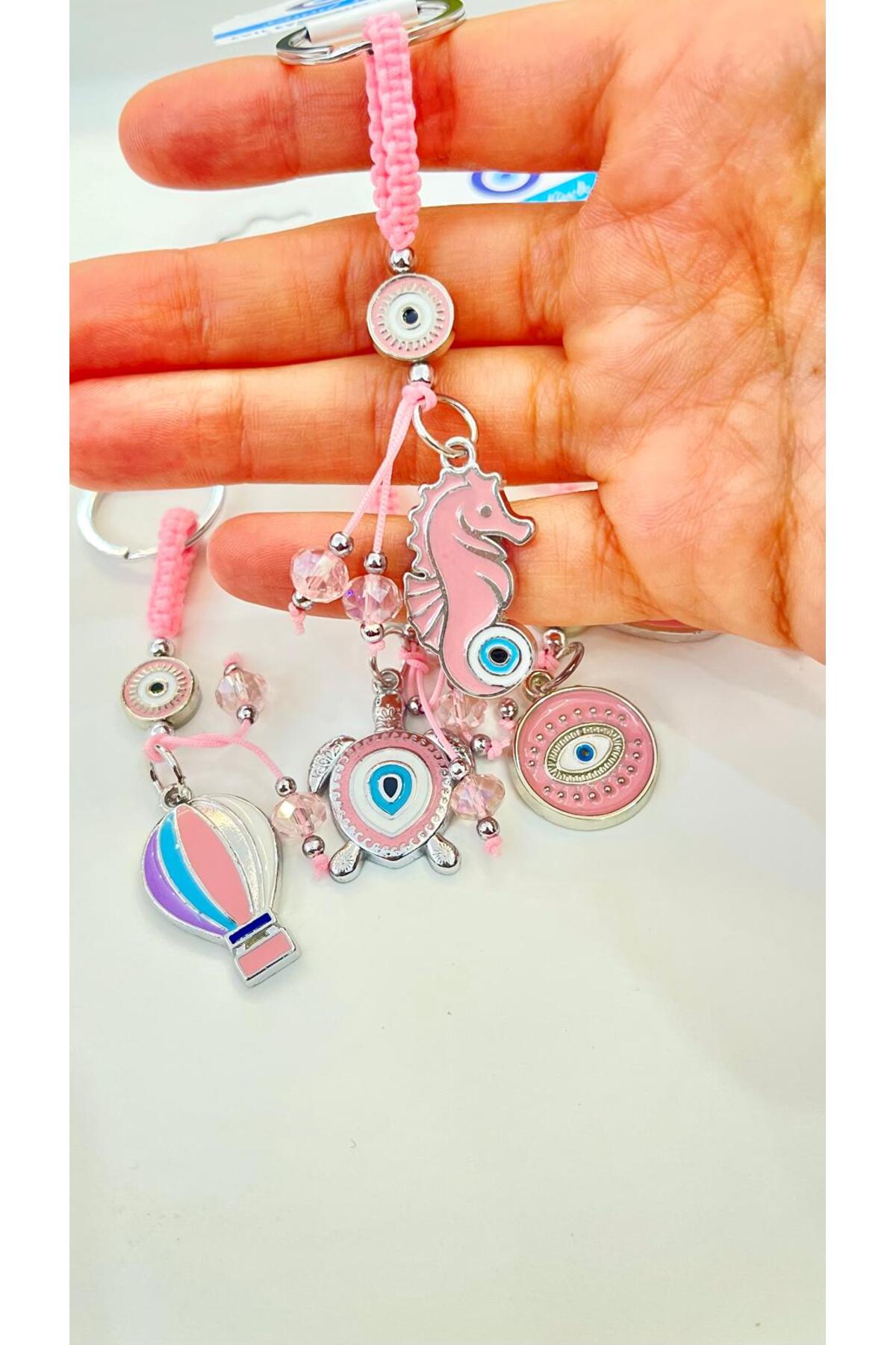 Abigail Silver-Plated Evil Eye Keychain - Pink Seahorse