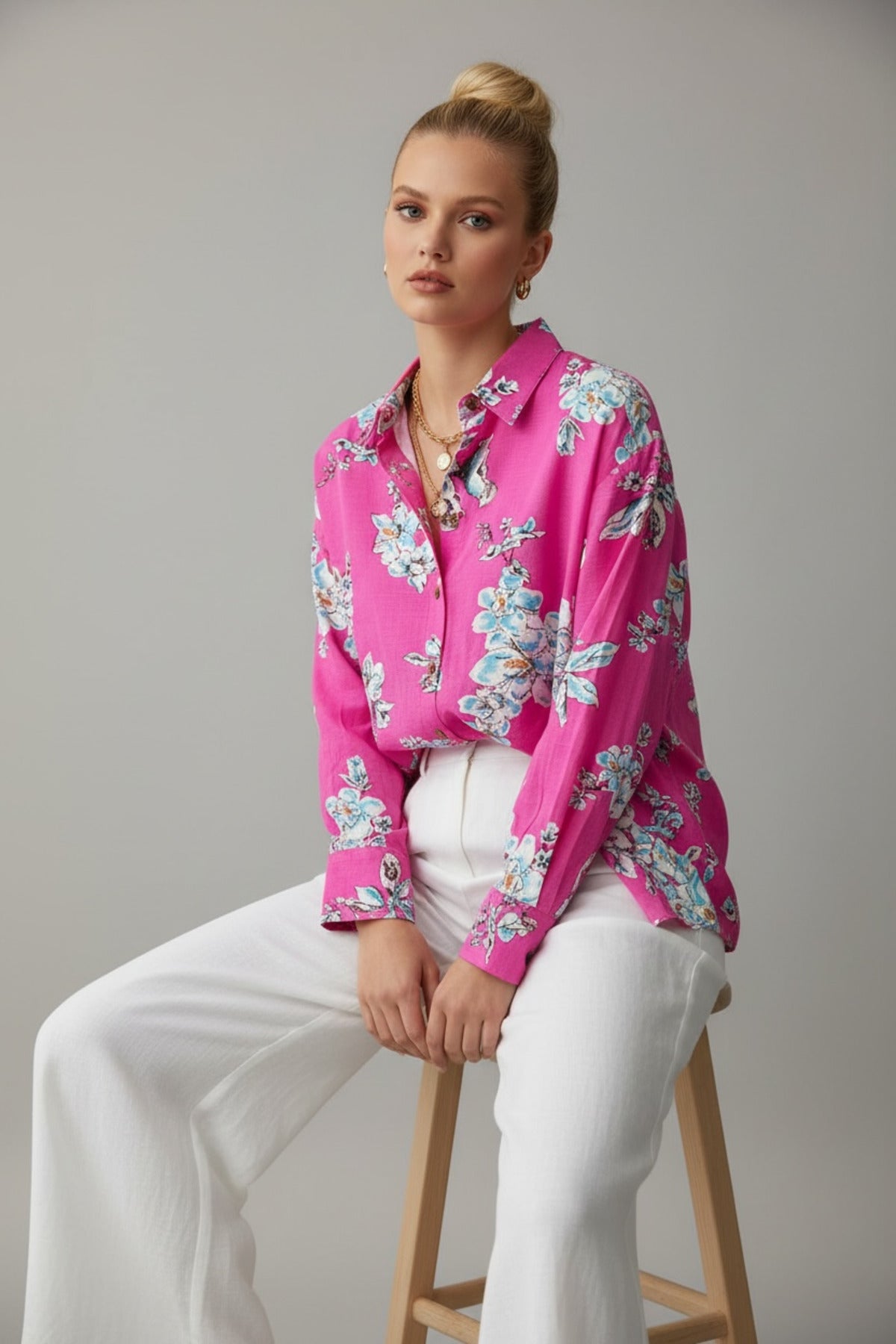 Emilia Women's Linen Blend Oversized Printed Shirt - Blue