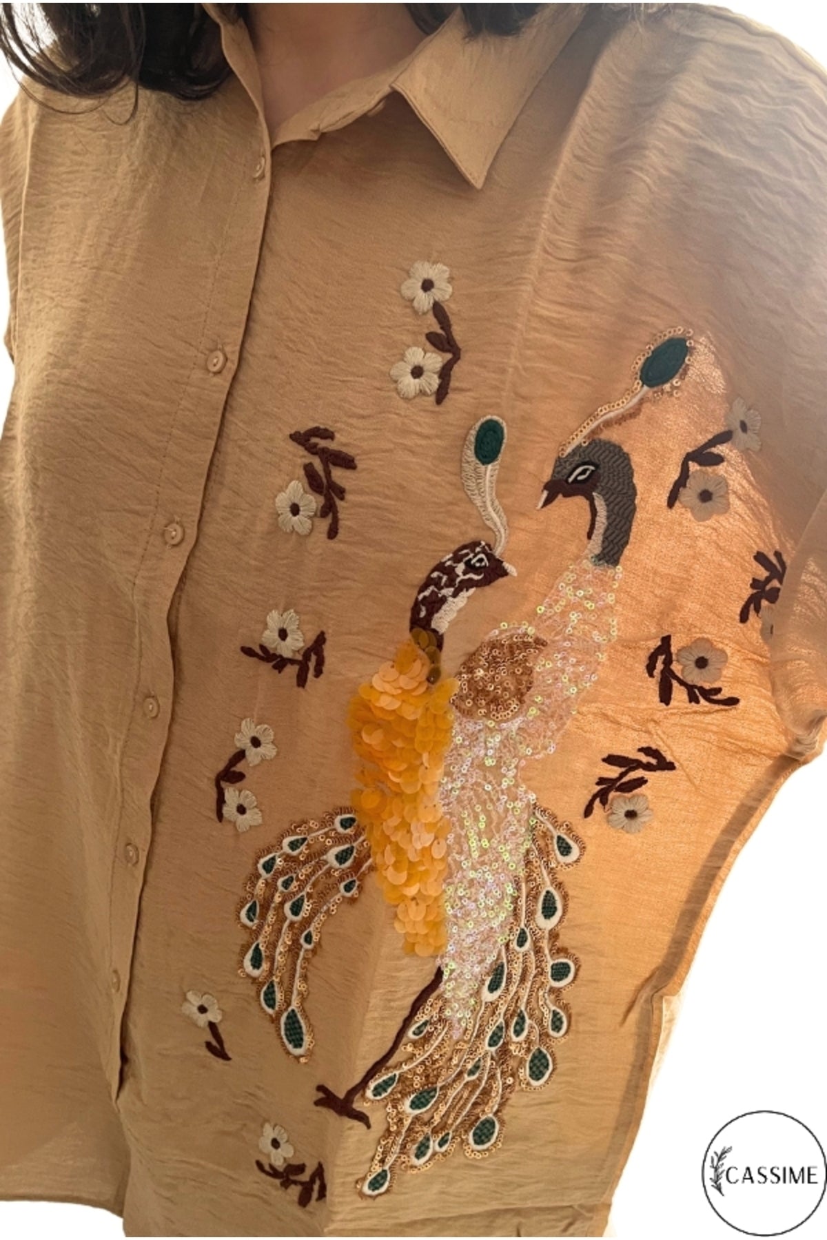 Emily Women's Peacock Sequin Oversized Shirt - Beige Peacock