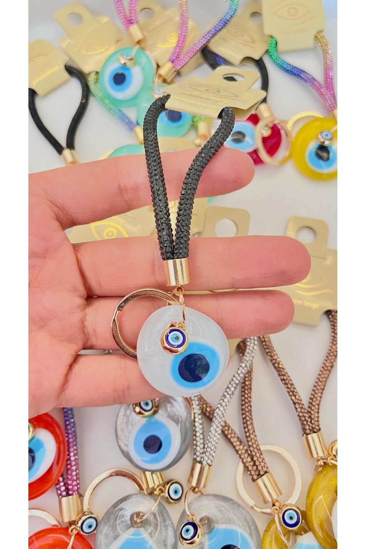 Meredith Glass Evil Eye Cord Charm - White Glass Black Cord