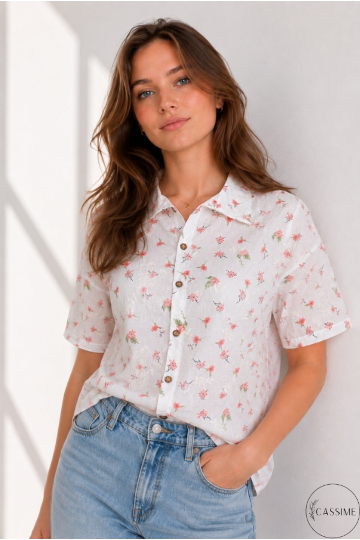 Women's Coral Mini Floral Cotton Short Sleeve Shirt - product photo 1