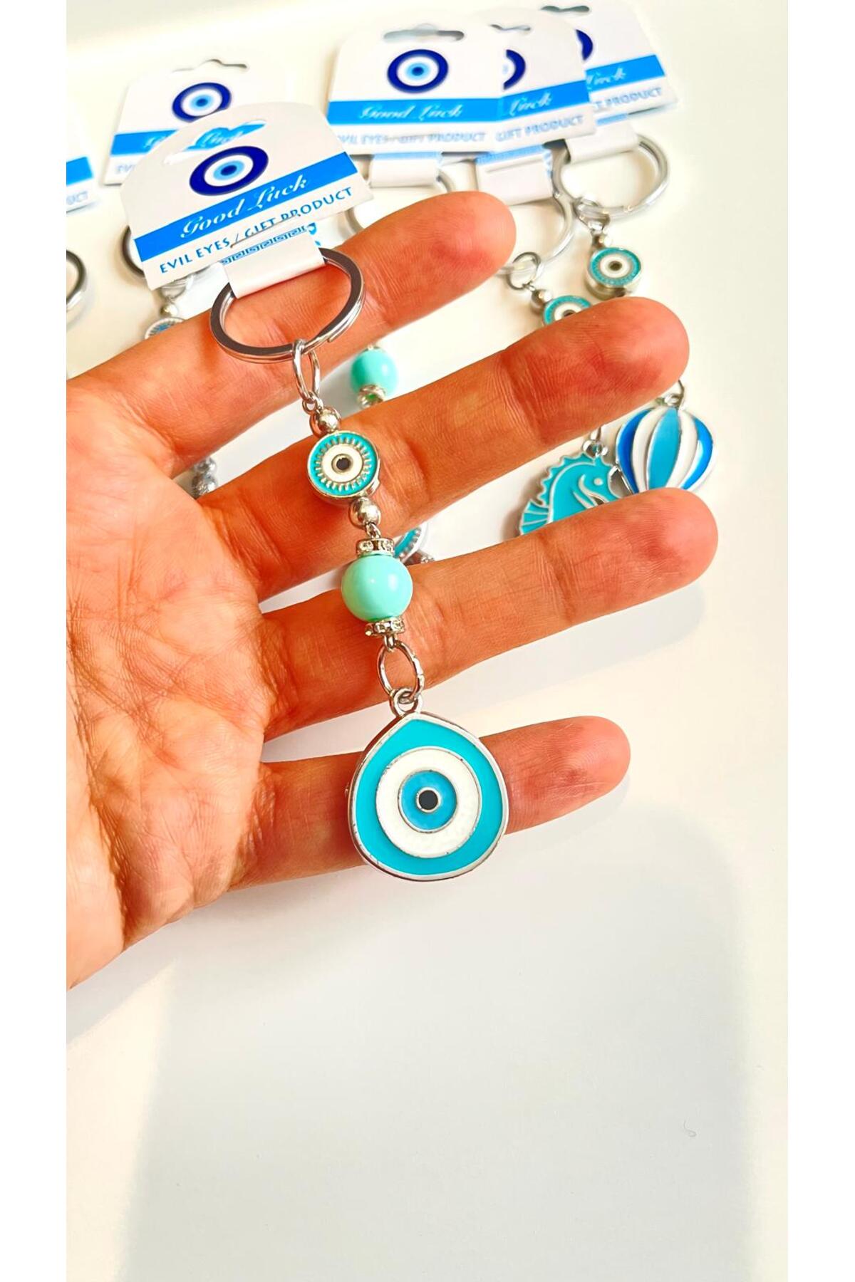 Abigail Silver-Plated Evil Eye Keychain - Turquoise Metal Teardrop Evil Eye