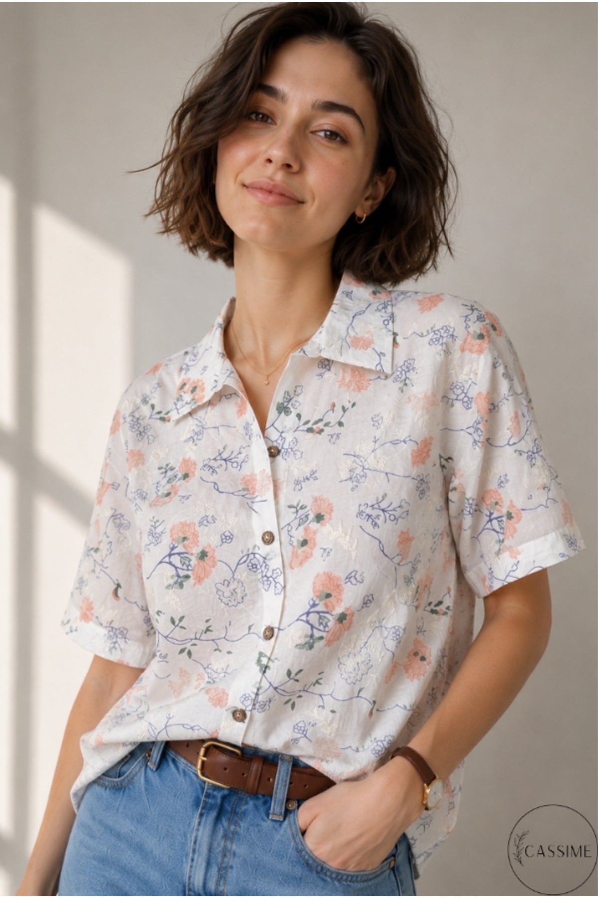 Alice Women's Cotton Floral Short Sleeve Shirt - Peach Floral Embroidery