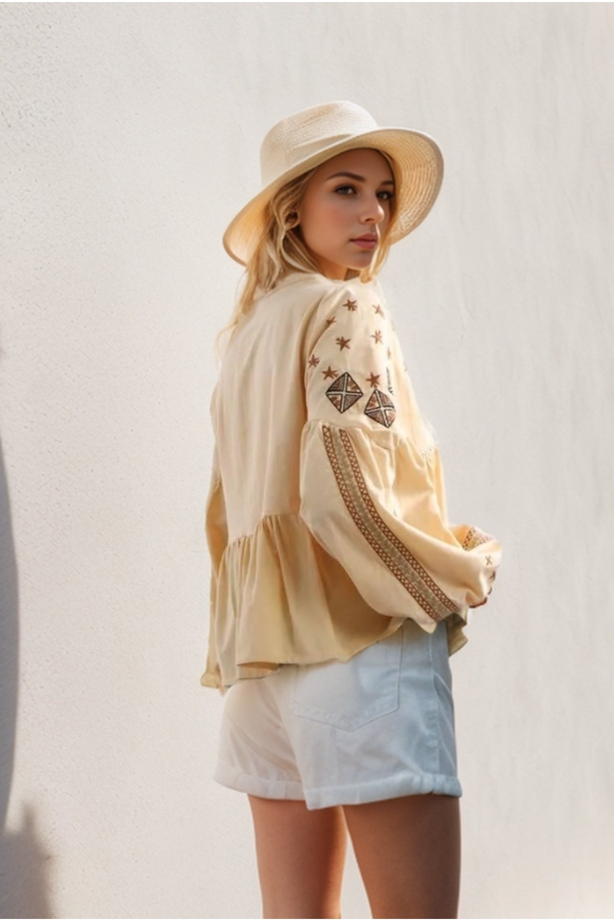 Pippa Women's Cotton Floral Embroidered Long Sleeve Blouse - Beige and Brown