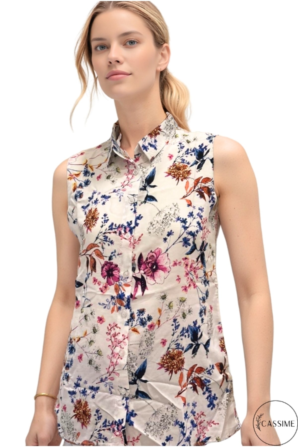 Daisy Women's Sleeveless Button-Up Shirt - Ecru and Purple Floral