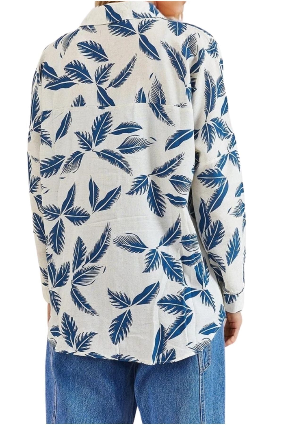 Amelia Women's Viscose Long Sleeve Button-Up Shirt - Blue Leaf Print
