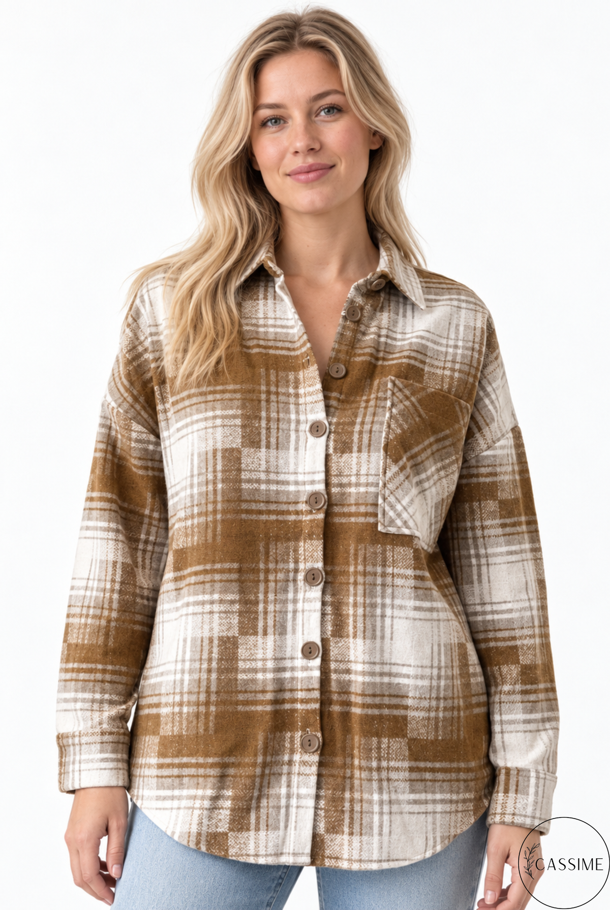 Chaqueta-camisa de cuadros de algodón azul suave crema Harper con capucha