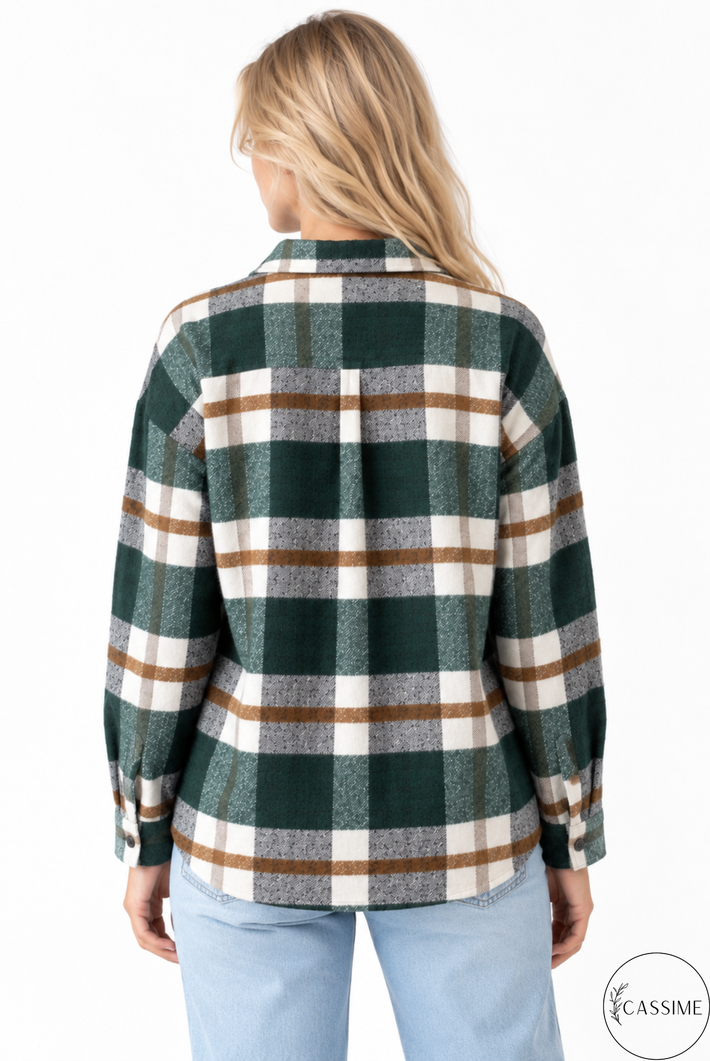 Chaqueta-camisa de cuadros de algodón azul suave crema Harper con capucha