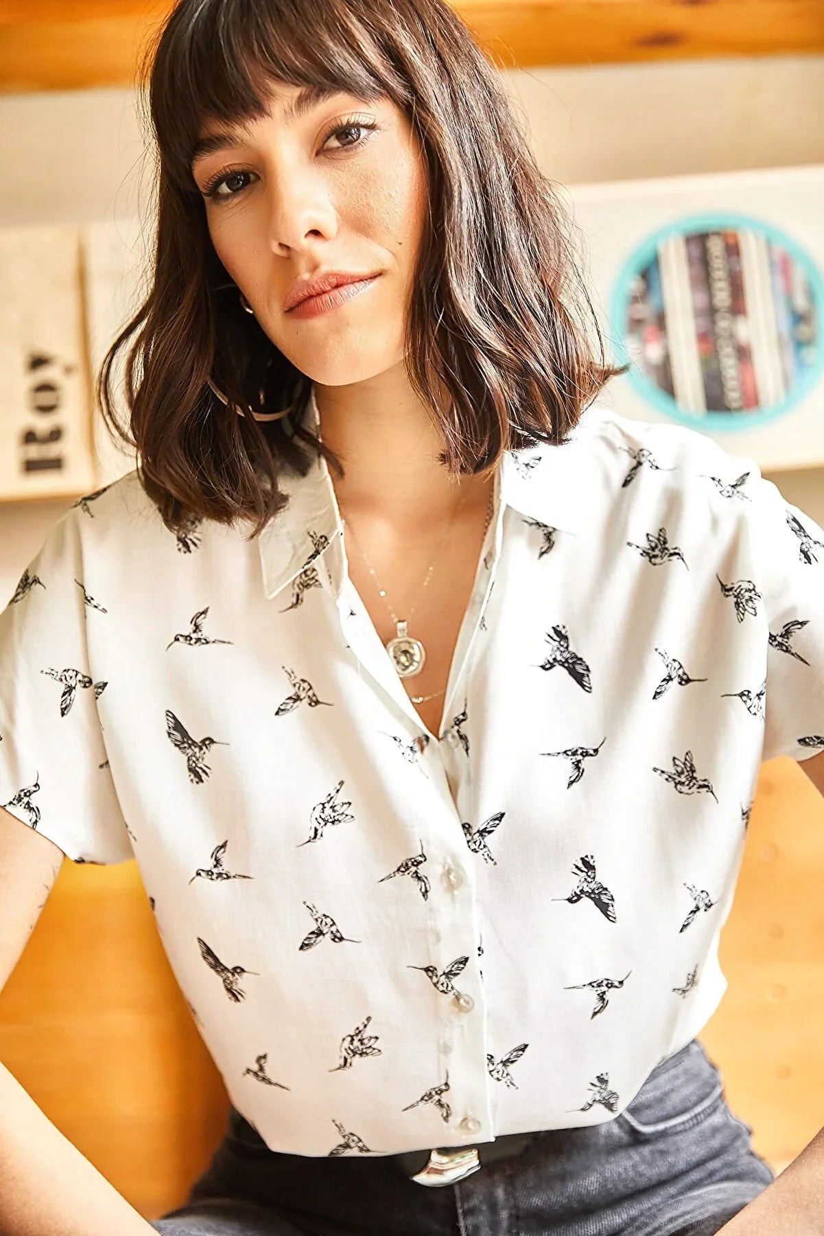 Bird Print Button Down White Blouse