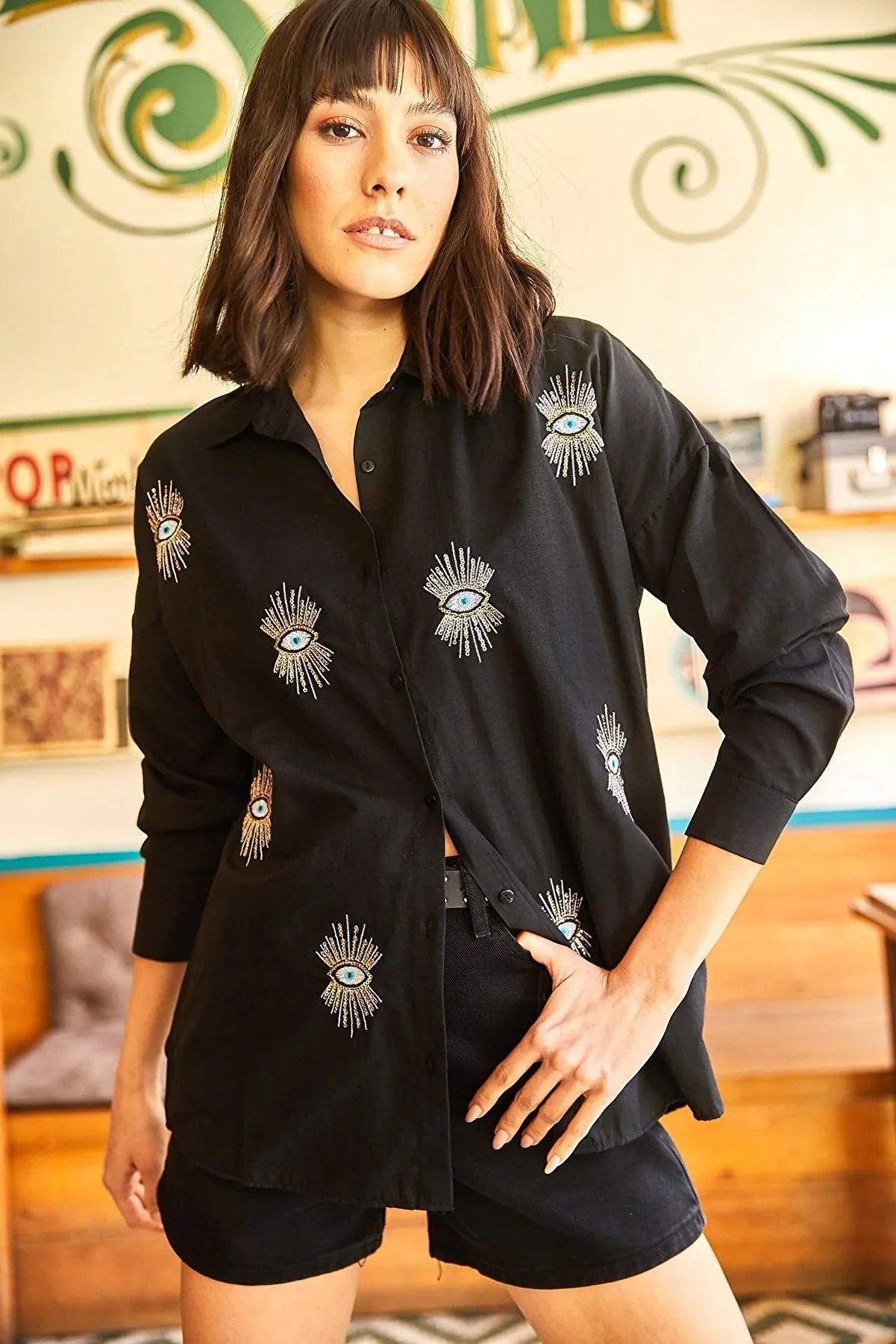 Evil Eye Embroidered Cotton Blouse