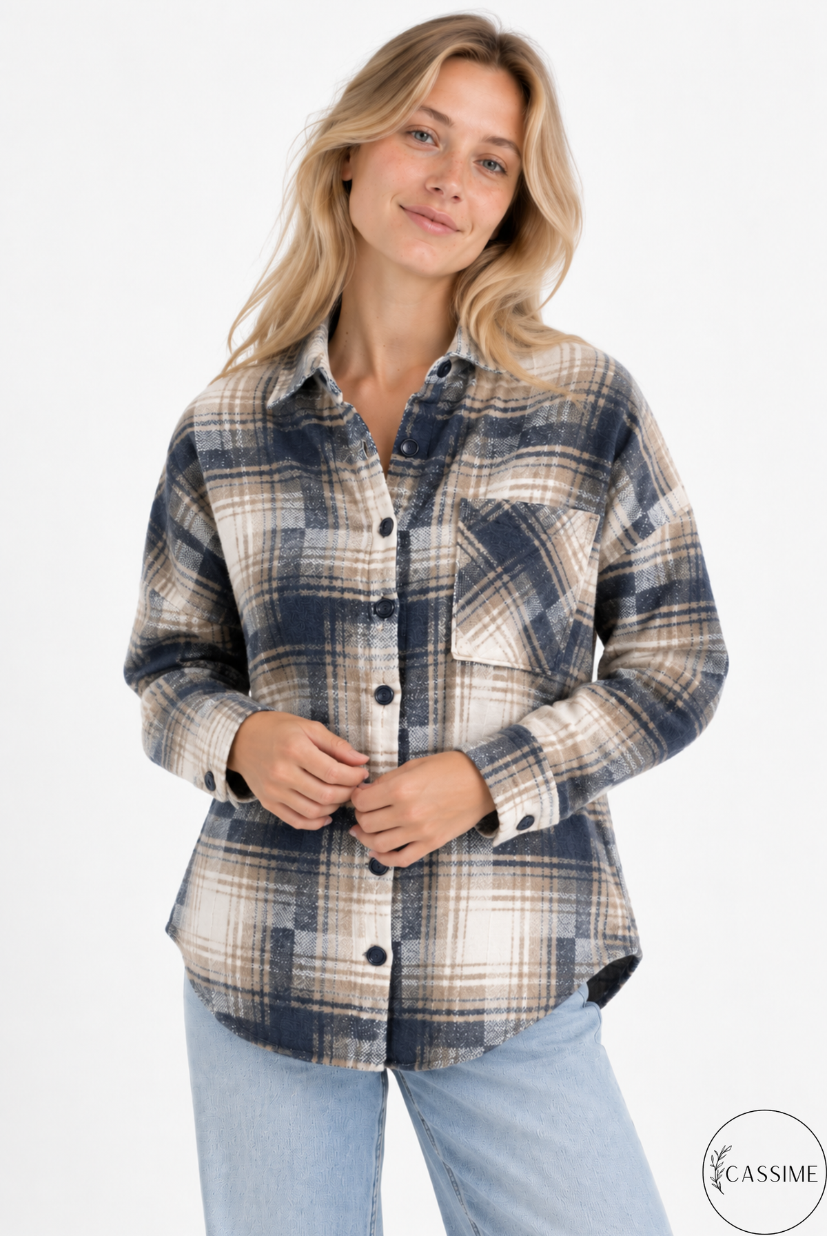 Chaqueta-camisa de cuadros de algodón azul suave crema Harper con capucha
