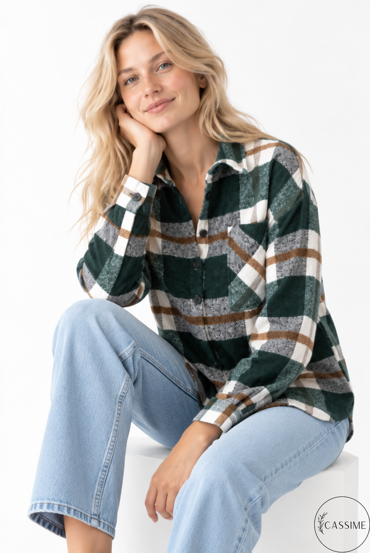 Chaqueta-camisa de cuadros de algodón azul suave crema Harper con capucha