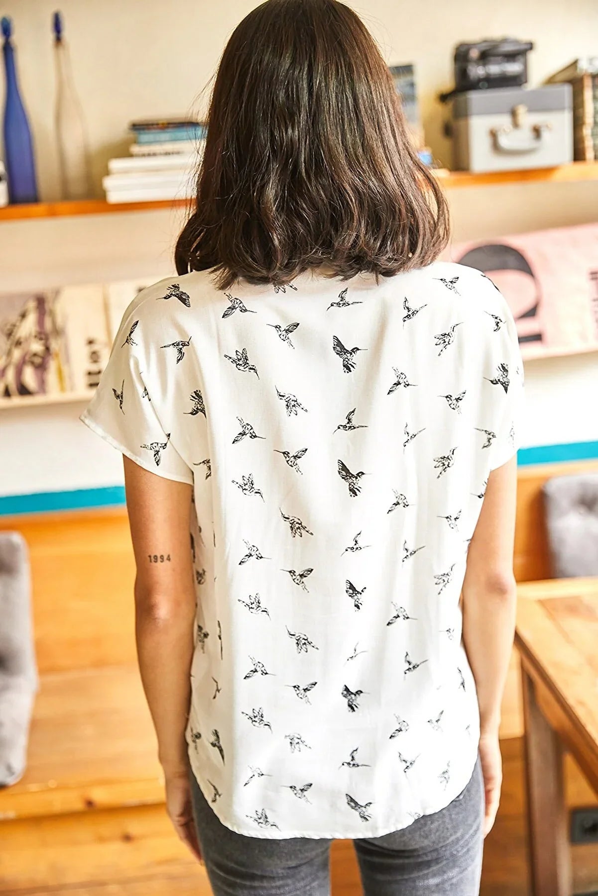 Bird Print Button Down White Blouse