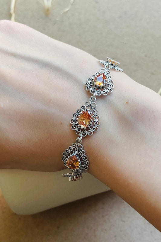 Sterling Silver Filigree Art Citrine Gemstone Link Bracelet