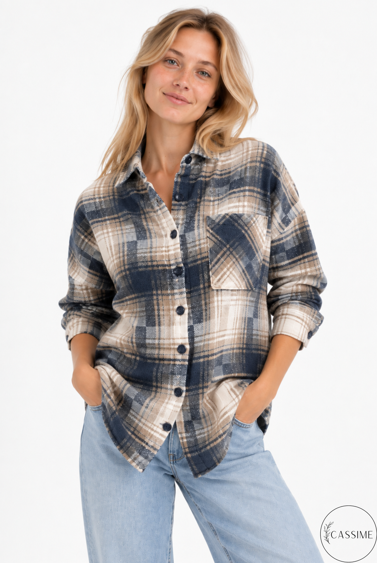 Chaqueta-camisa de cuadros de algodón azul suave crema Harper con capucha