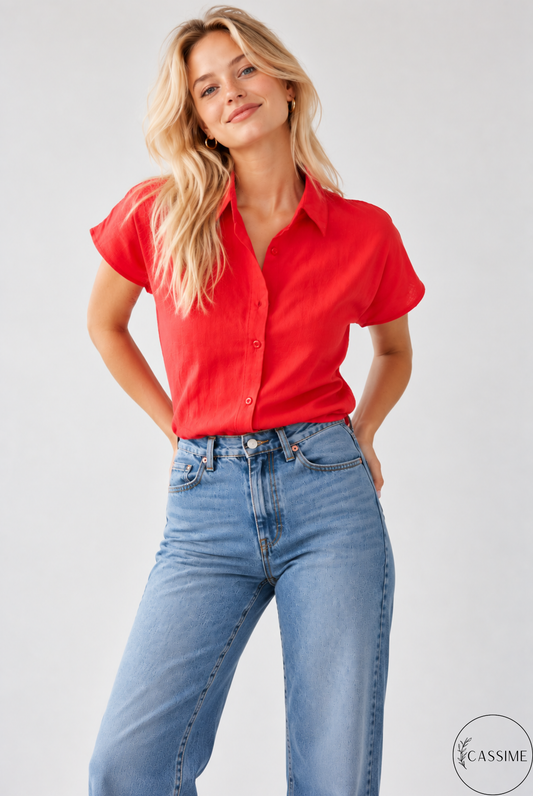 Elizabeth Women's Linen-Viscose Blend Short Sleeve Button-Down Shirt - Red