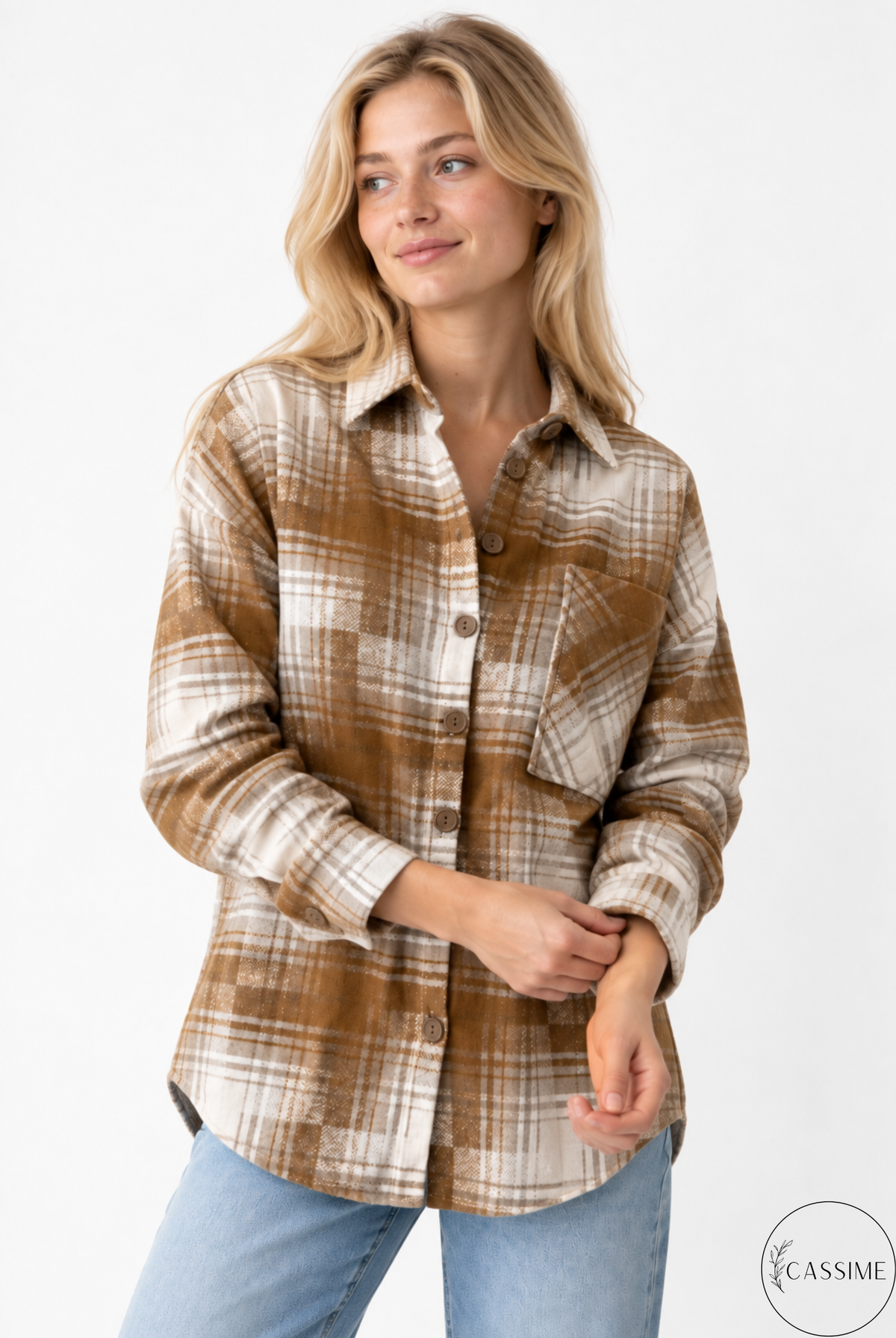 Chaqueta-camisa de cuadros de algodón azul suave crema Harper con capucha