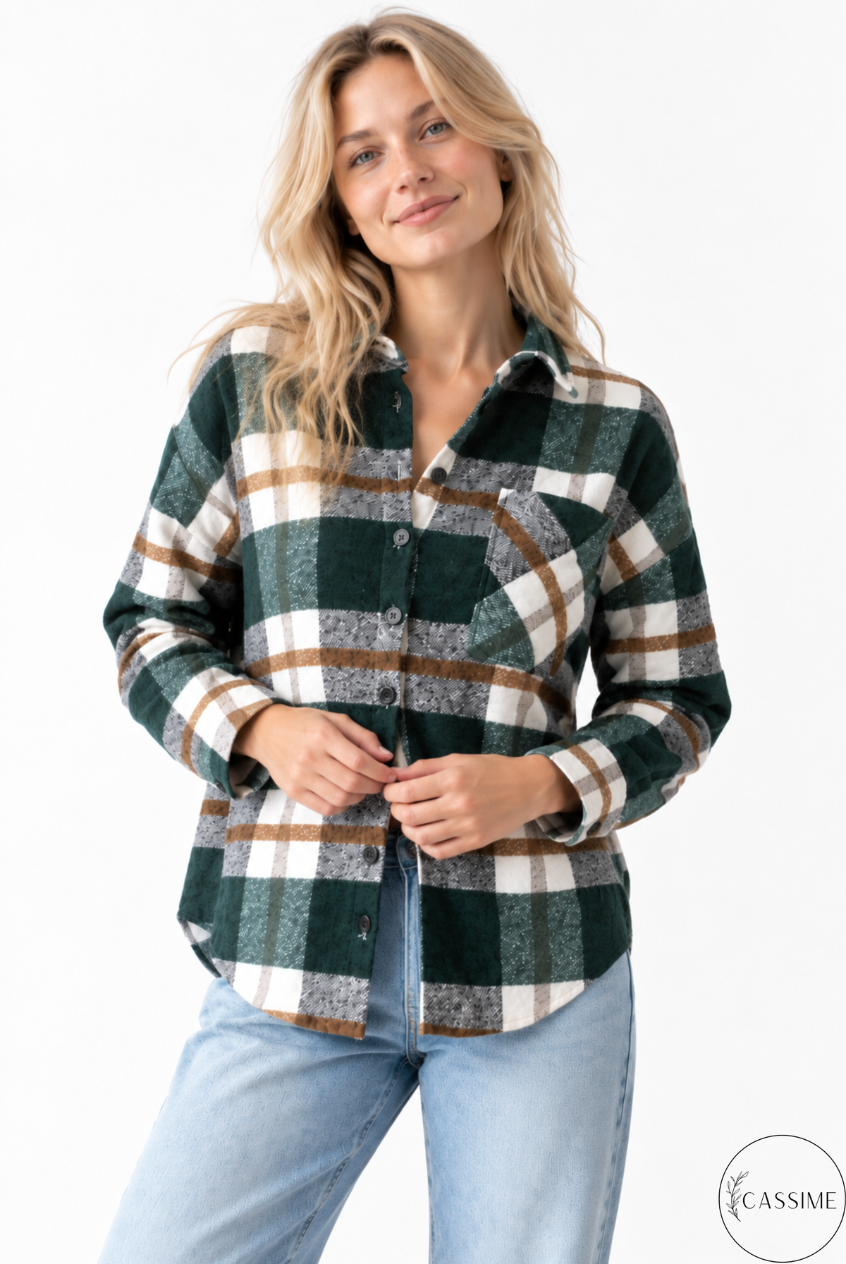 Chaqueta-camisa de cuadros de algodón azul suave crema Harper con capucha