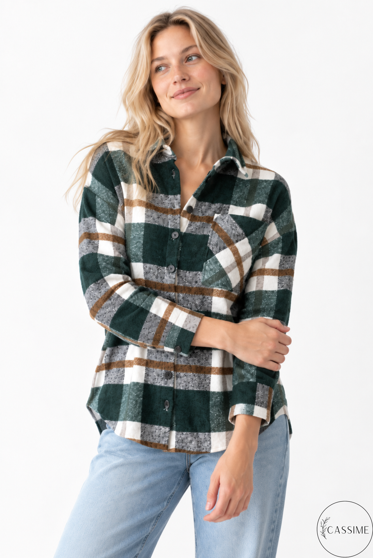 Chaqueta-camisa de cuadros de algodón azul suave crema Harper con capucha