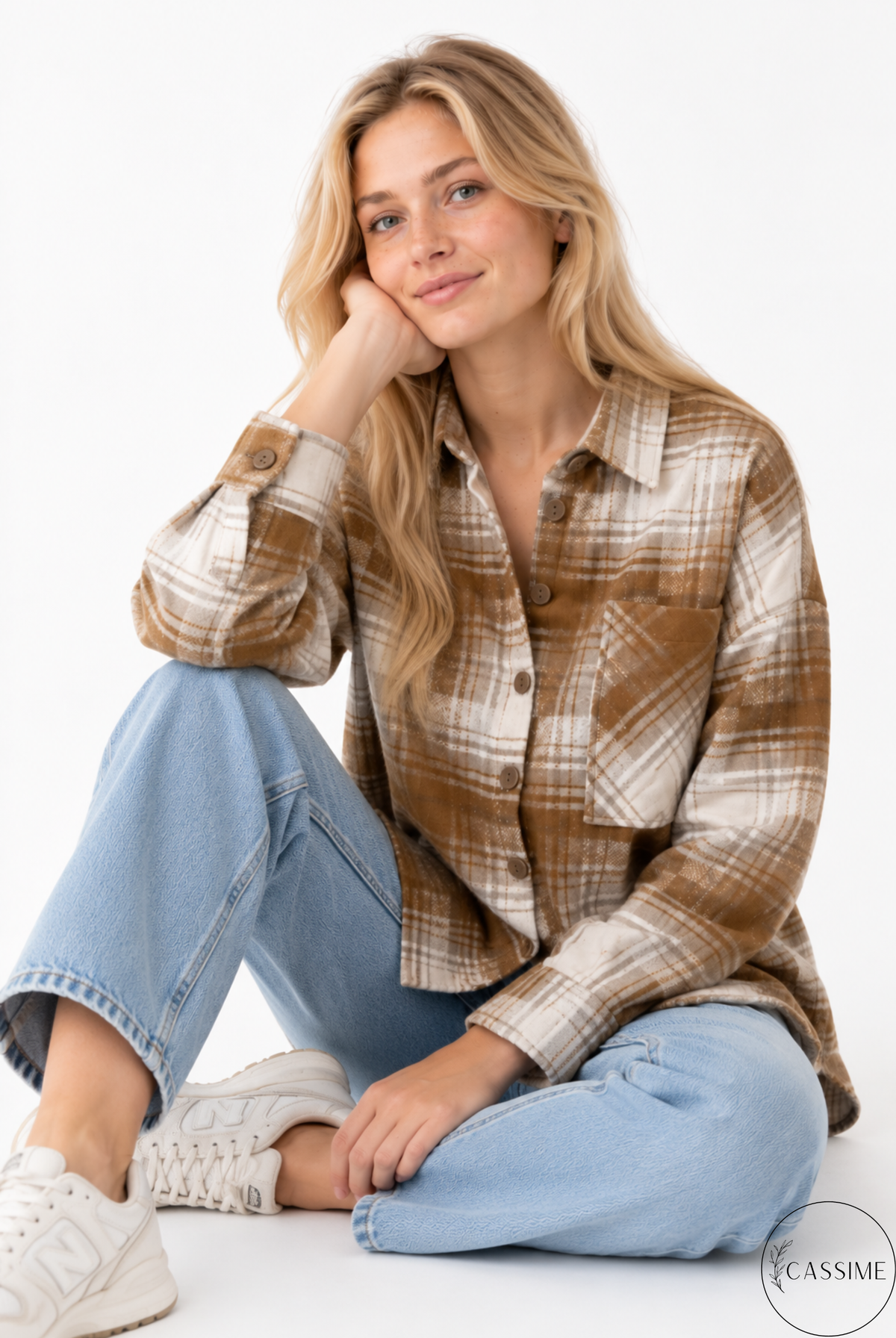 Chaqueta-camisa de cuadros de algodón azul suave crema Harper con capucha