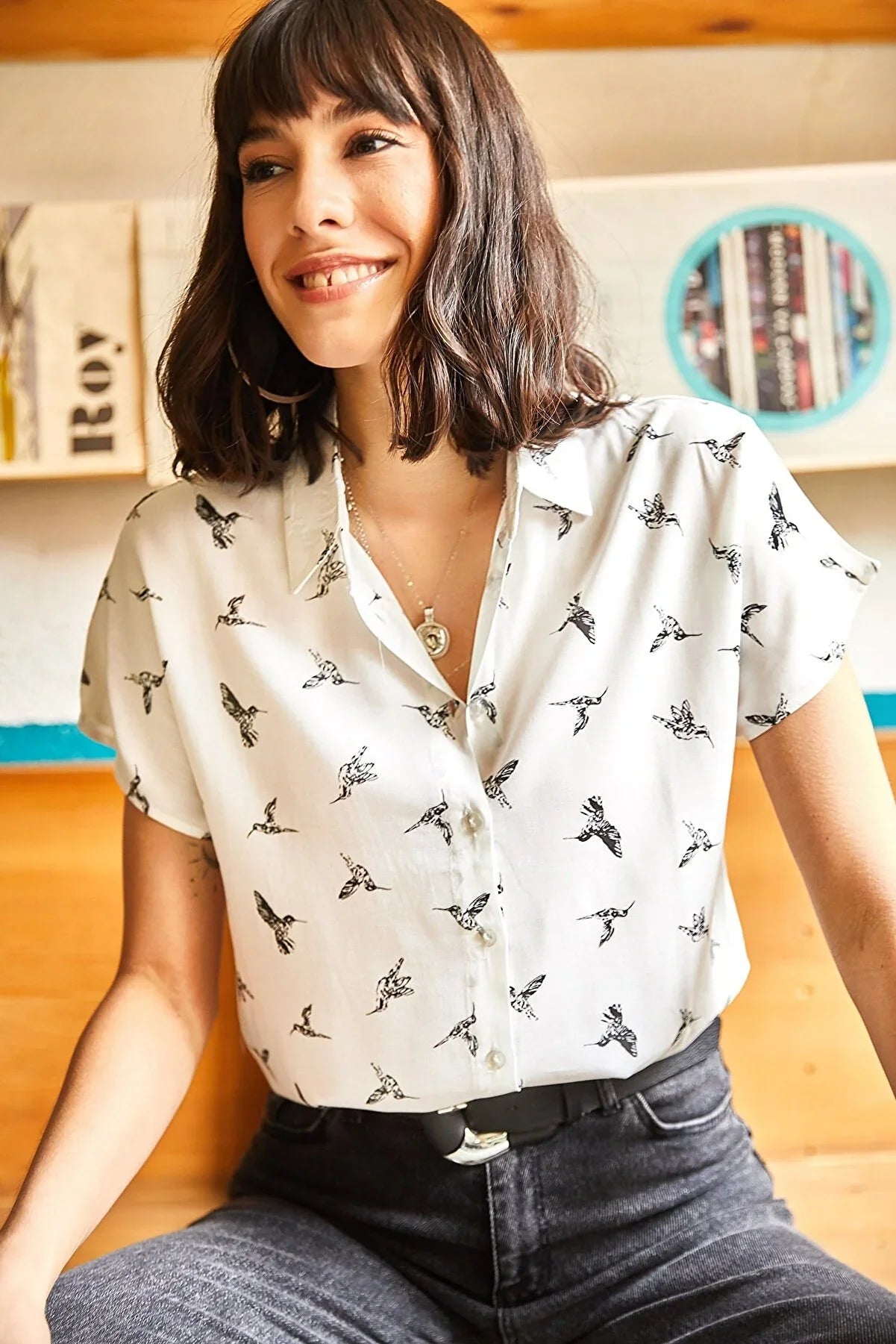 Bird Print Button Down White Blouse